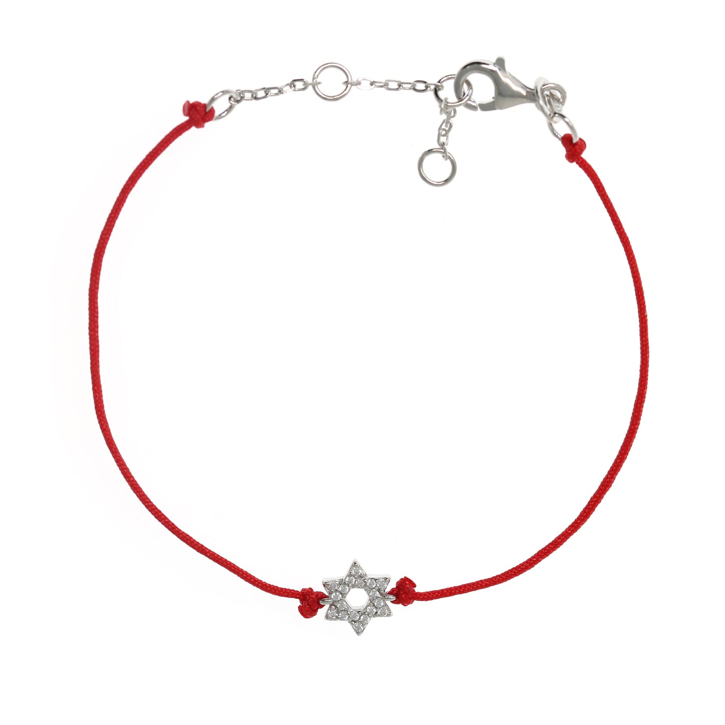 Silver Star of David Red String Bracelet with Cubic Zirconia