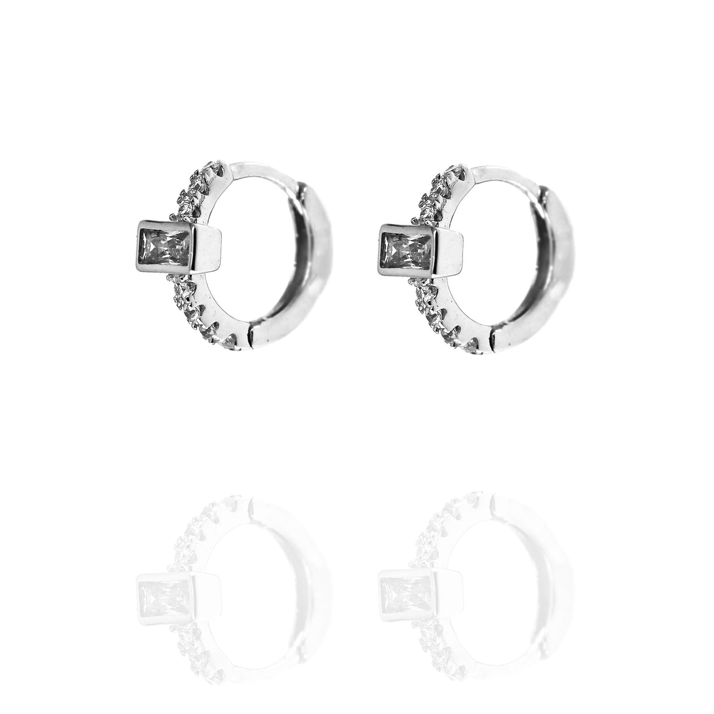 Geometric Cubic Zirconia Rectangle Silver Huggie Hoop Earrings