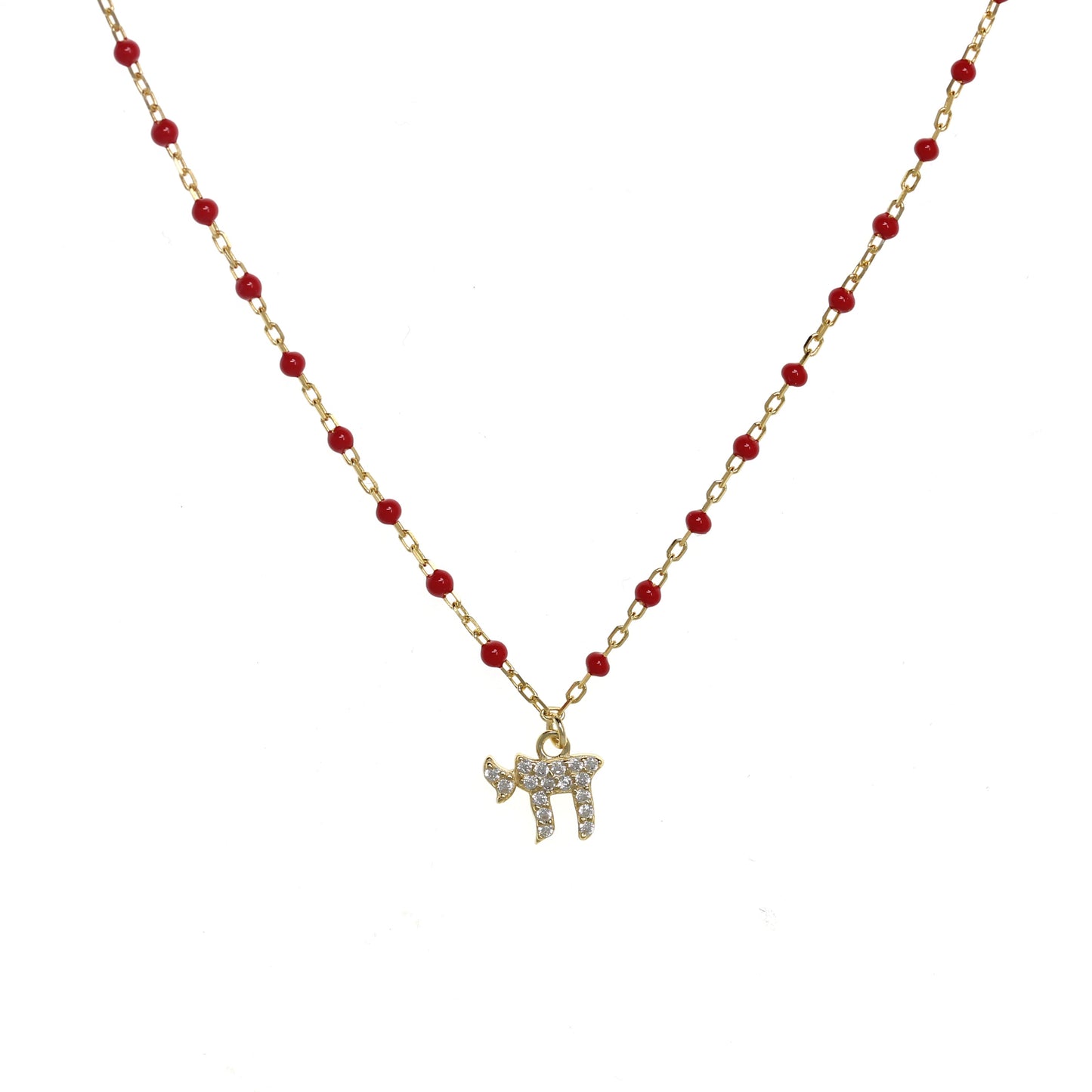 Gold-plated Chain Necklace with Chai Symbol and Cubic Zirconia, featuring Enamel Beads