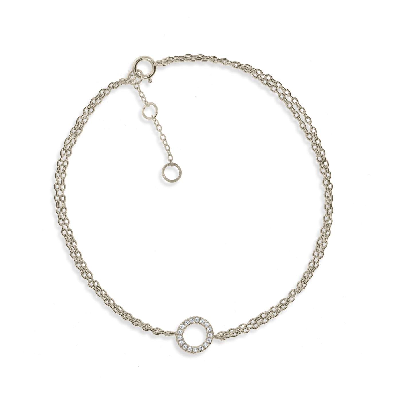 Rose gold plated on silver double chain bracelet with circle charm decorated with CZ, shown .