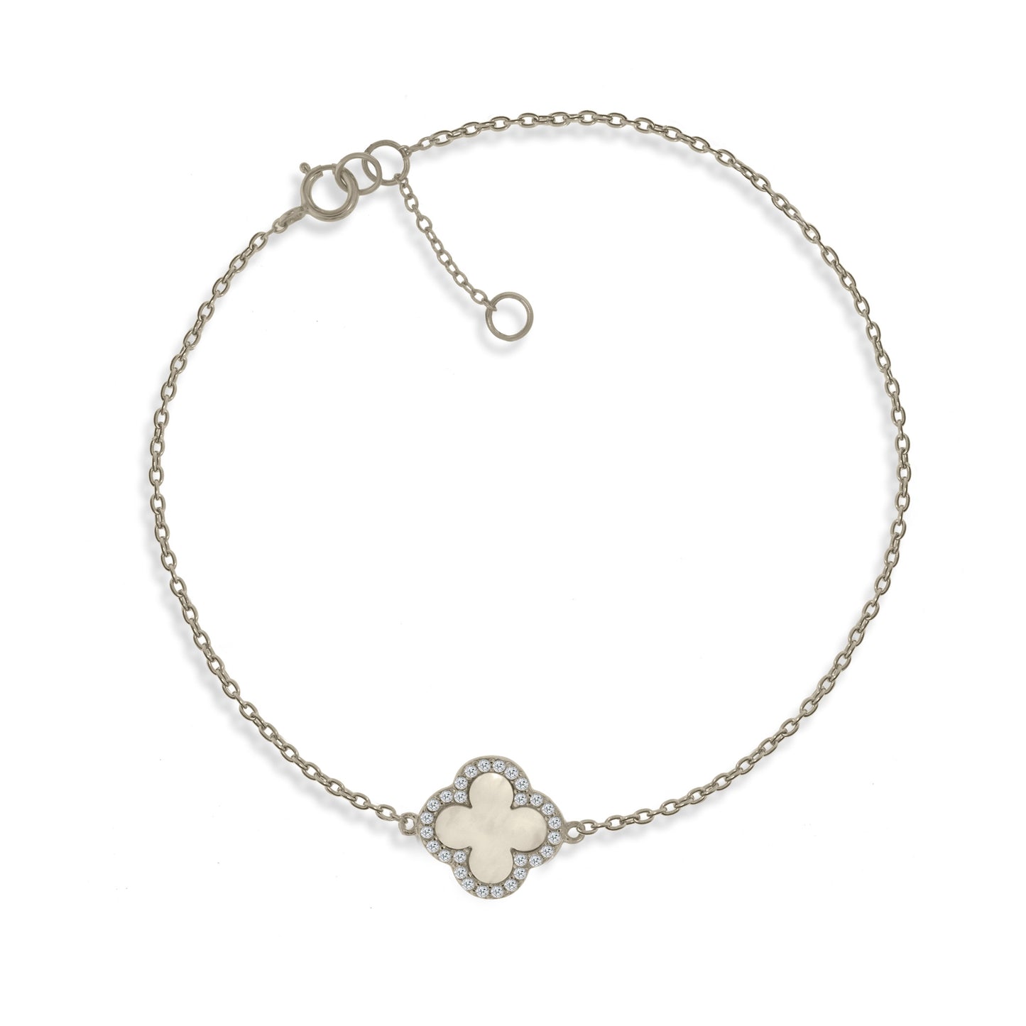Sterling silver chain bracelet with a Mother of Pearl clover charm rimmed with cubic zirconia stones, displayed .
