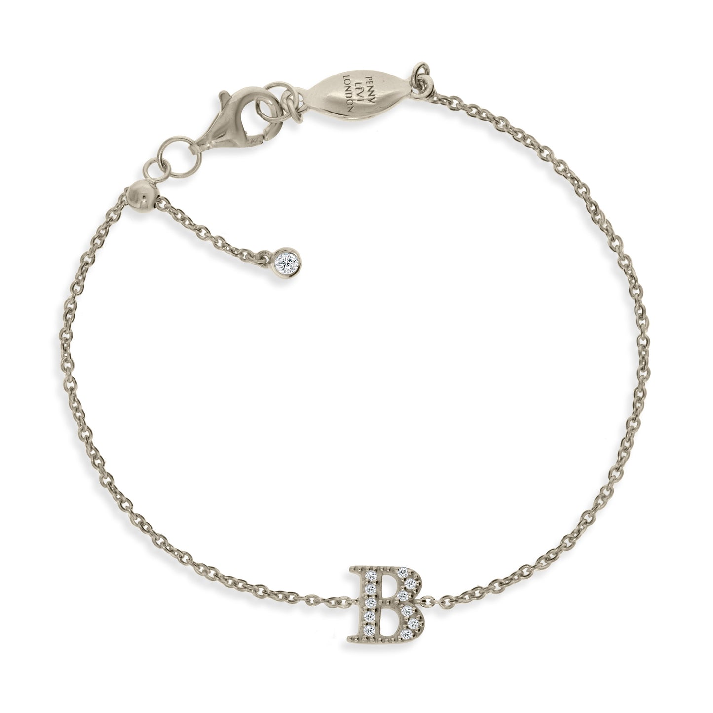 Sterling silver initial bracelet with Cubic Zirconia on a delicate chain with sliding size adapter.