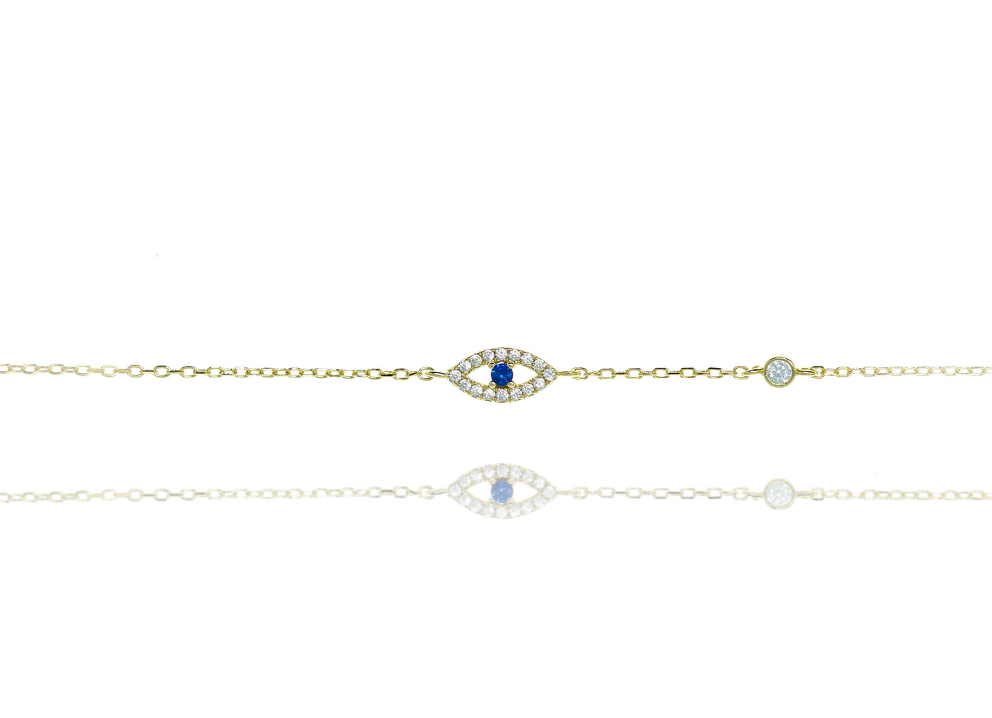 Gold-plated on silver evil eye chain bracelet with blue centre stone and CZ rim.