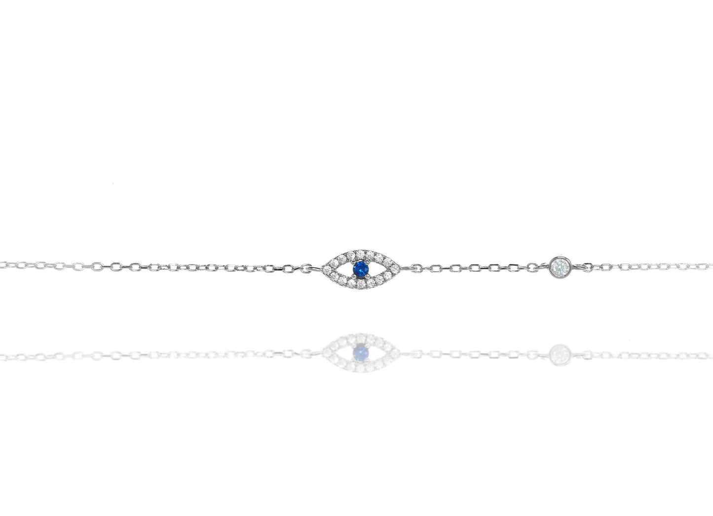 Sterling Silver Evil Eye Chain Bracelet with Blue Centre Stone and Cubic Zirconia Rim