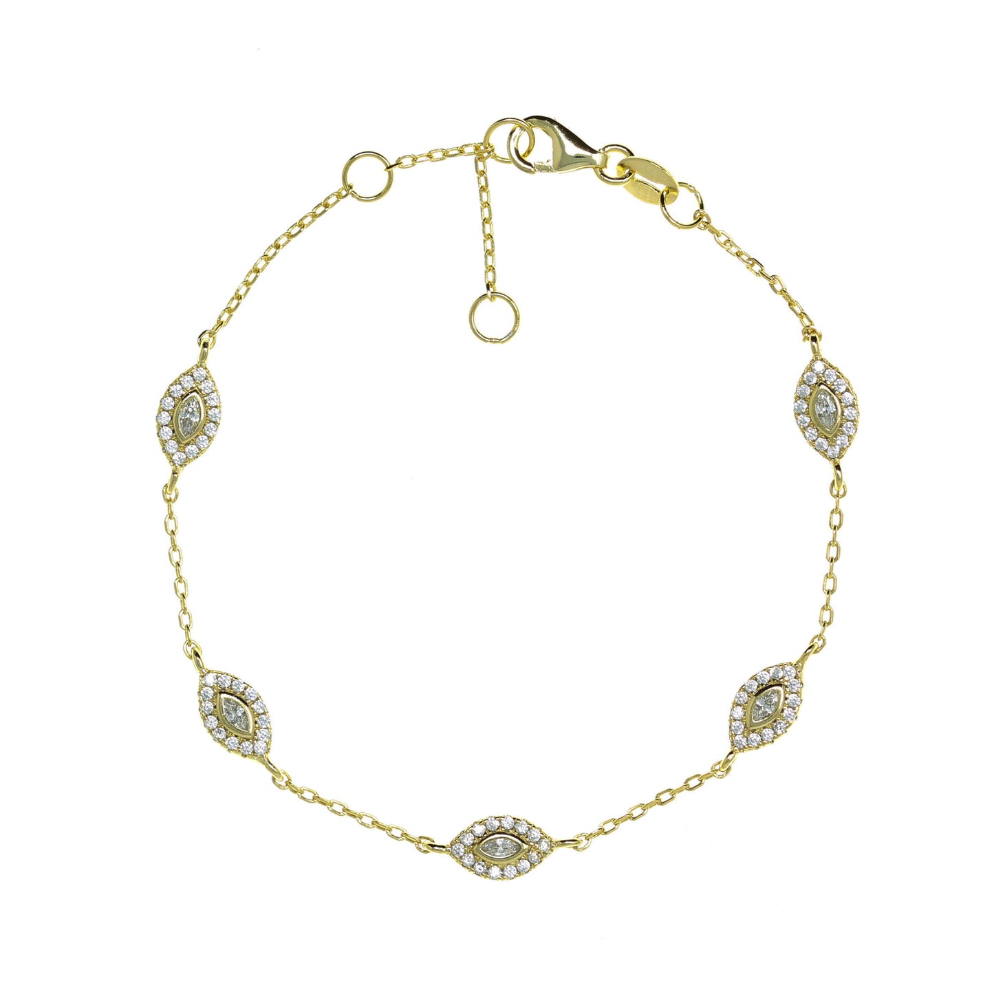 Gold plated on silver bracelet with polished links and intricate craftsmanship, adjustable length from 15 cm to 19 cm.