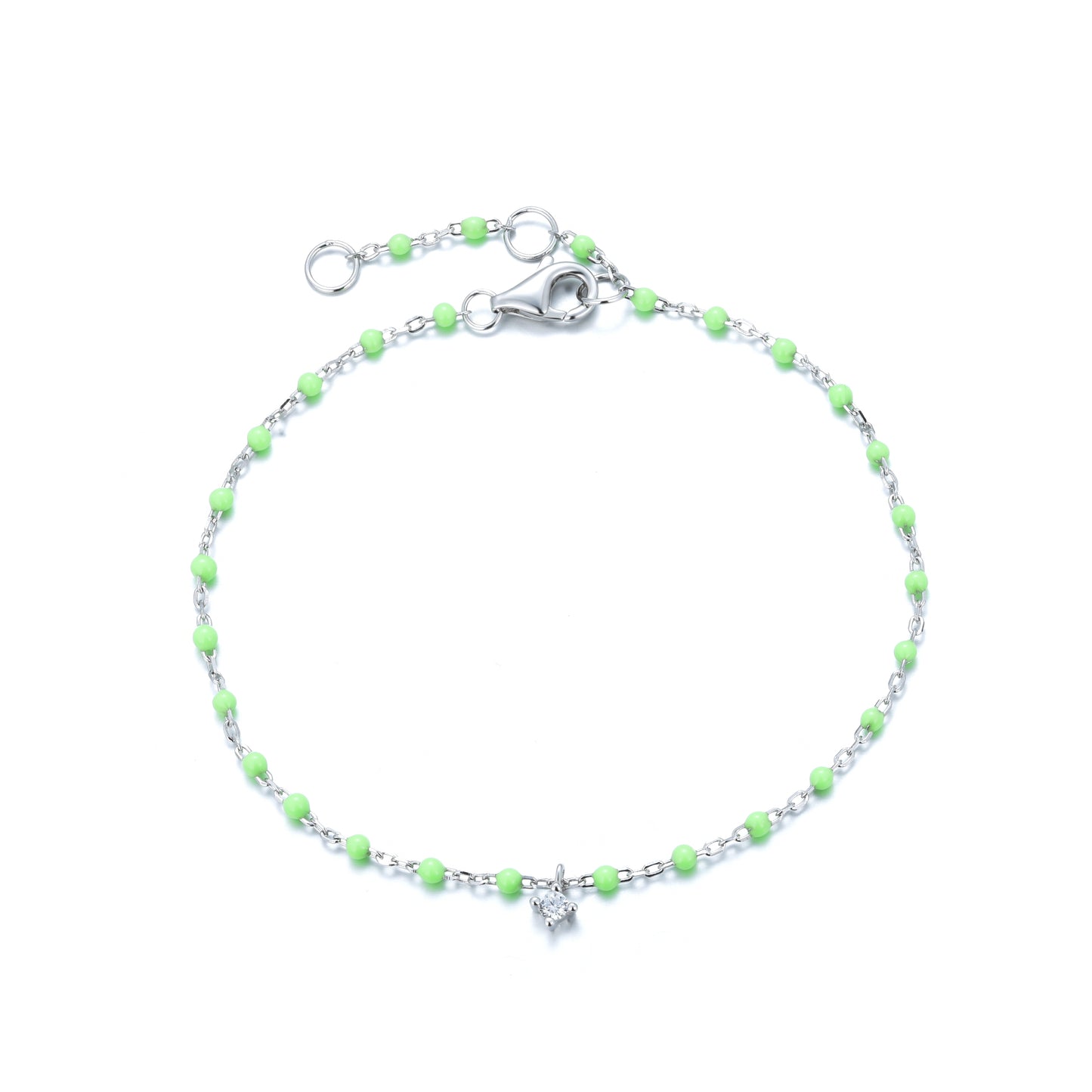 Sterling silver chain with light green beads bracelet featuring a hanging cubic zirconia charm.