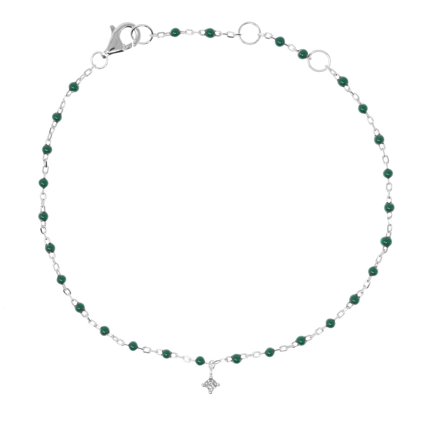 Green Bead and Silver Chain Bracelet with small hanging CZ charm.