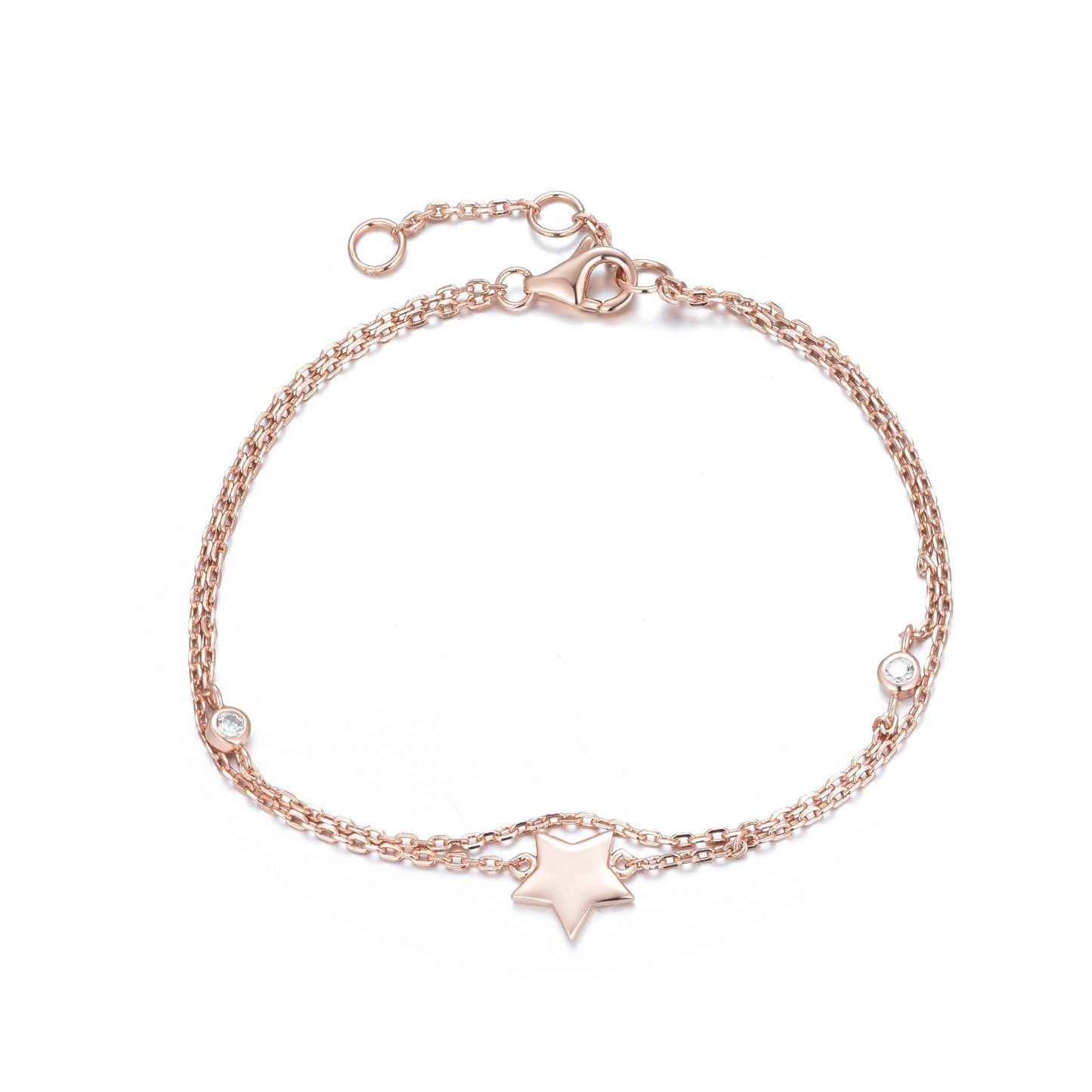 Rose gold plated double chain bracelet with a star charm and cubic zirconia.