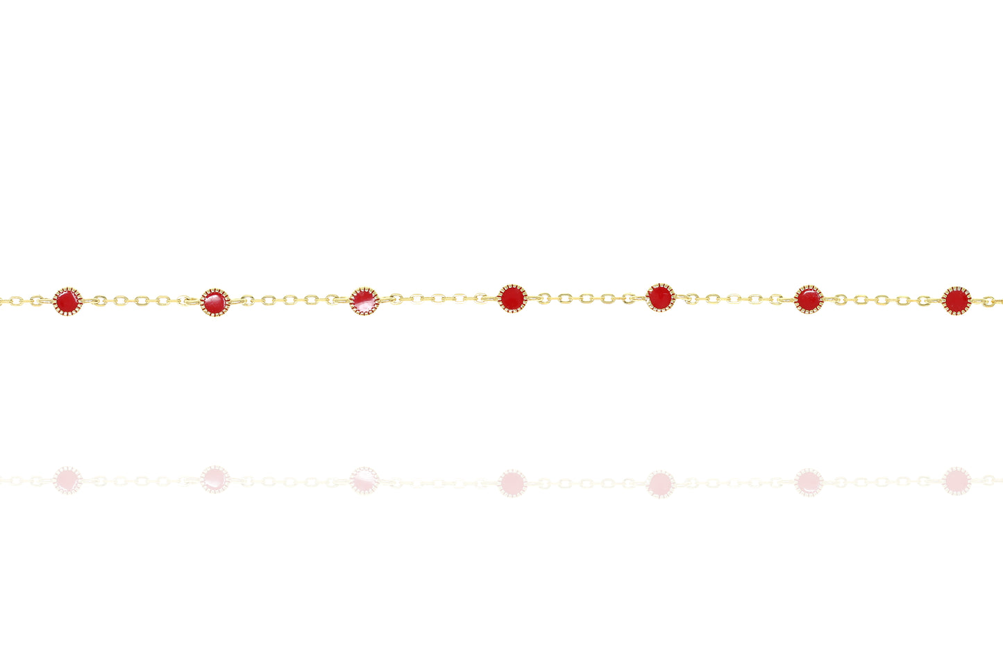 Gold-plated silver chain with intermittent red enamel beads.