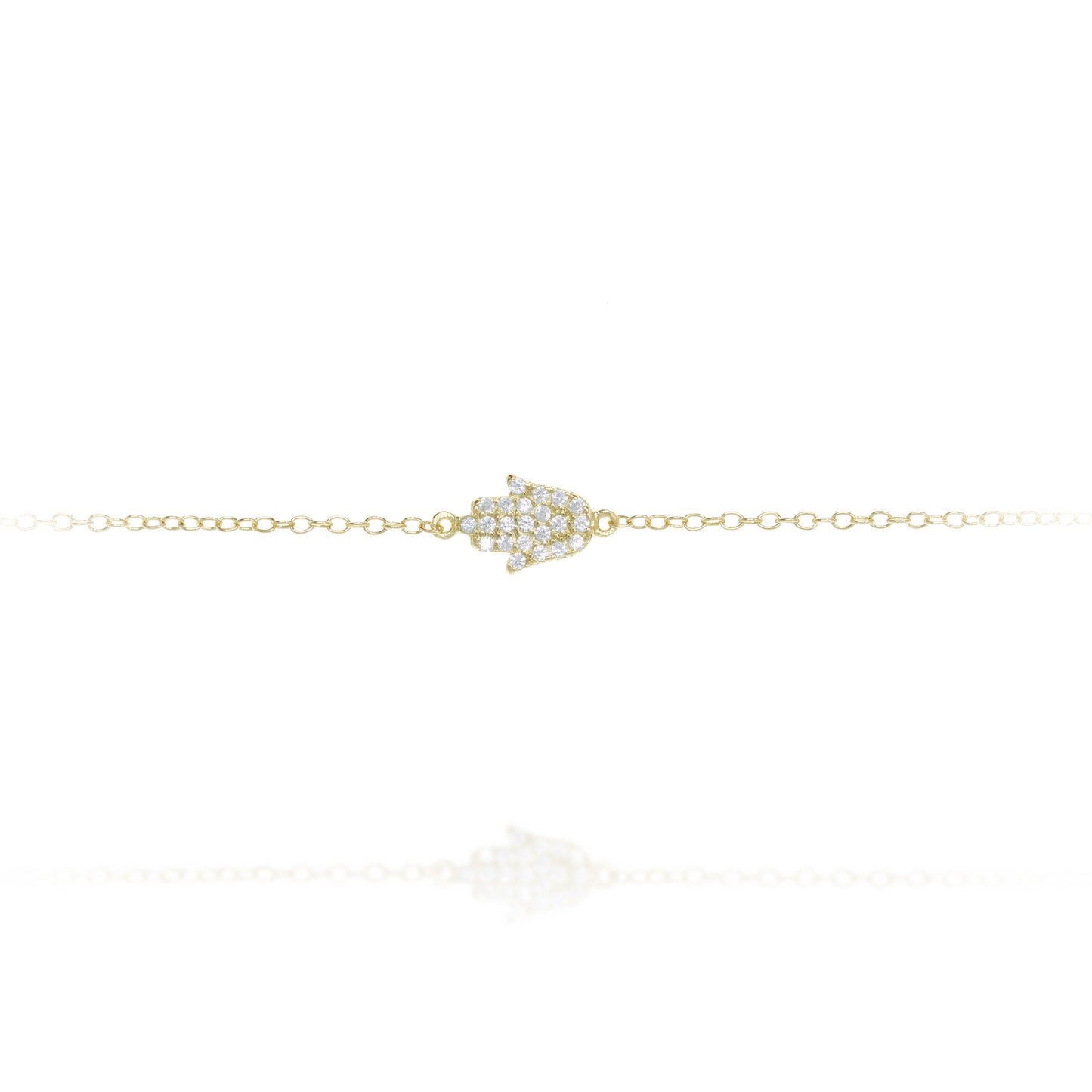 Gold plated silver bracelet with pavé Hamsa charm on a delicate chain