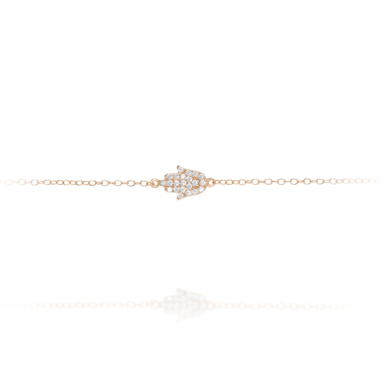 Rose gold plated silver chain with a pavé hamsa bracelet, featuring a sparkling 9mm hamsa charm.
