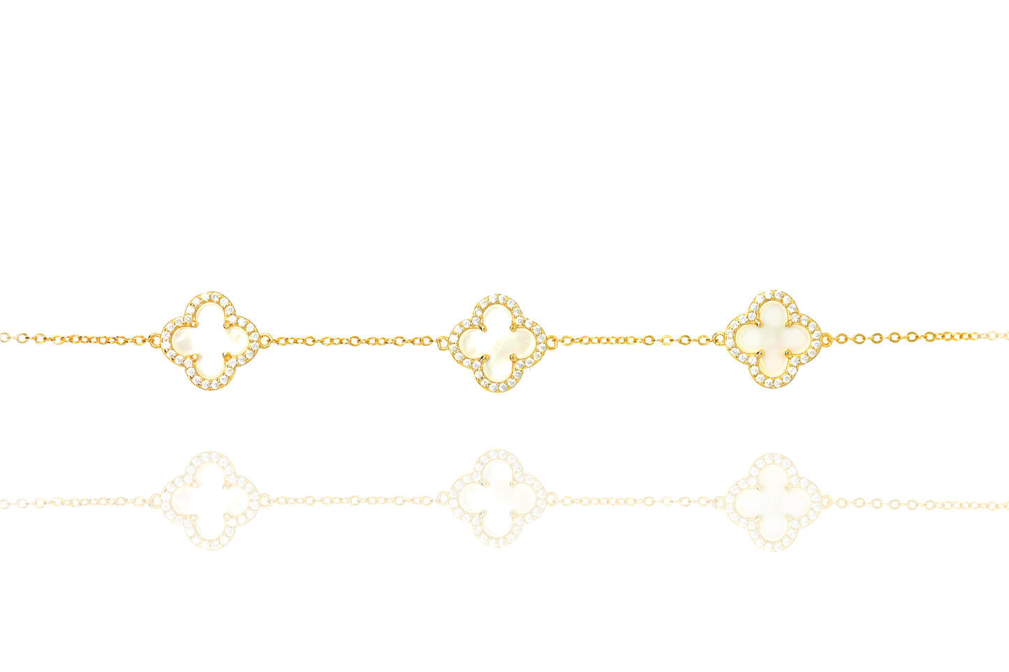 Gold Plated Mother of Pearl Clover Bracelet with cubic zirconia