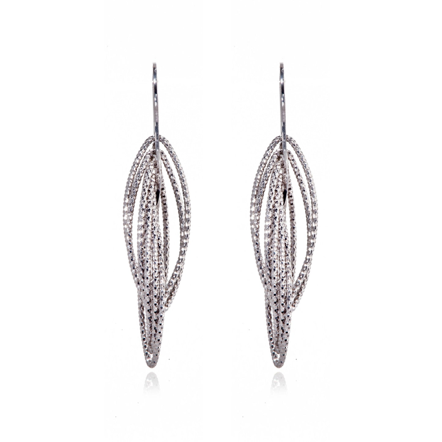 Sterling silver multi ellipse intertwined 3D drop hook earrings with a diamond cut finish.