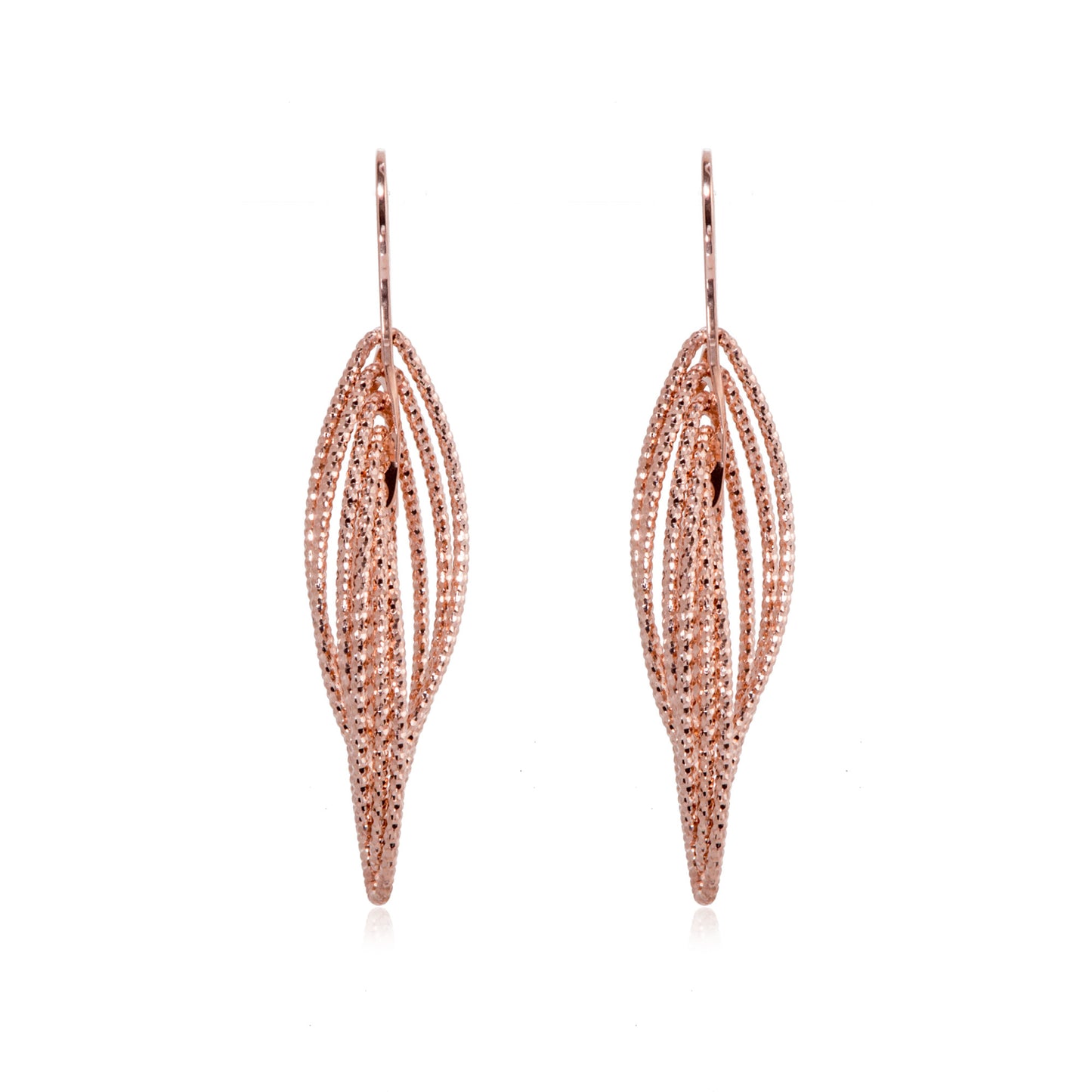 Sterling silver multi ellipse intertwined 3D drop hook earrings with a diamond cut finish.