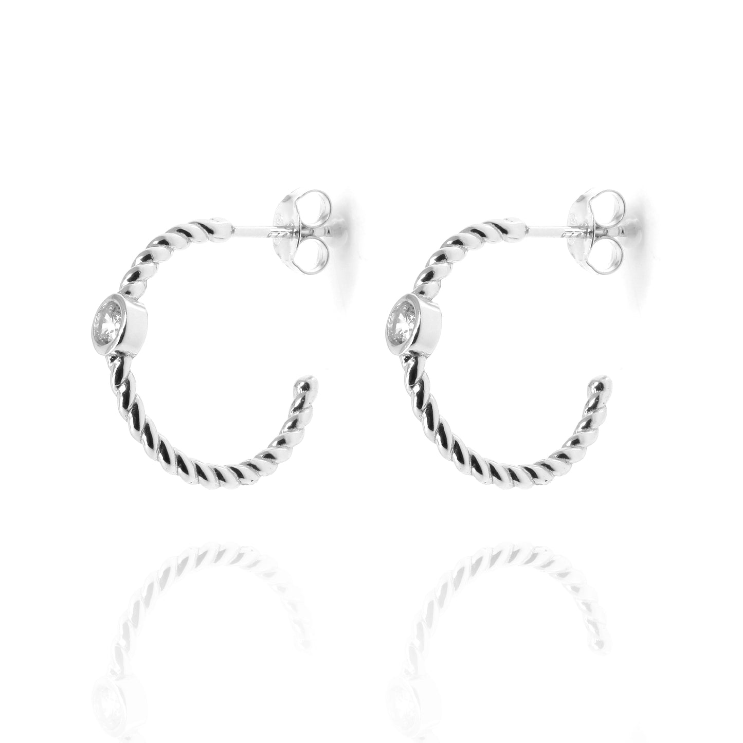 Sterling Silver Twisted Half Hoop Earrings with Single Cubic Zirconia