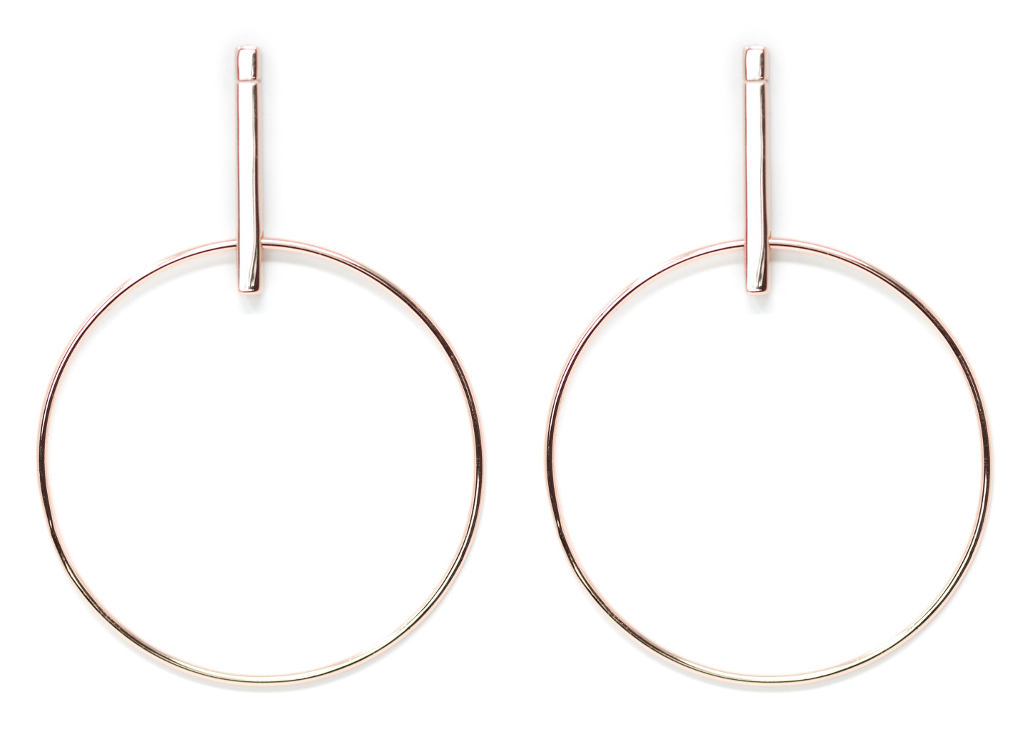 Rose gold plated silver hoop earrings with a 3.5 cm diameter and butterfly stud closure.