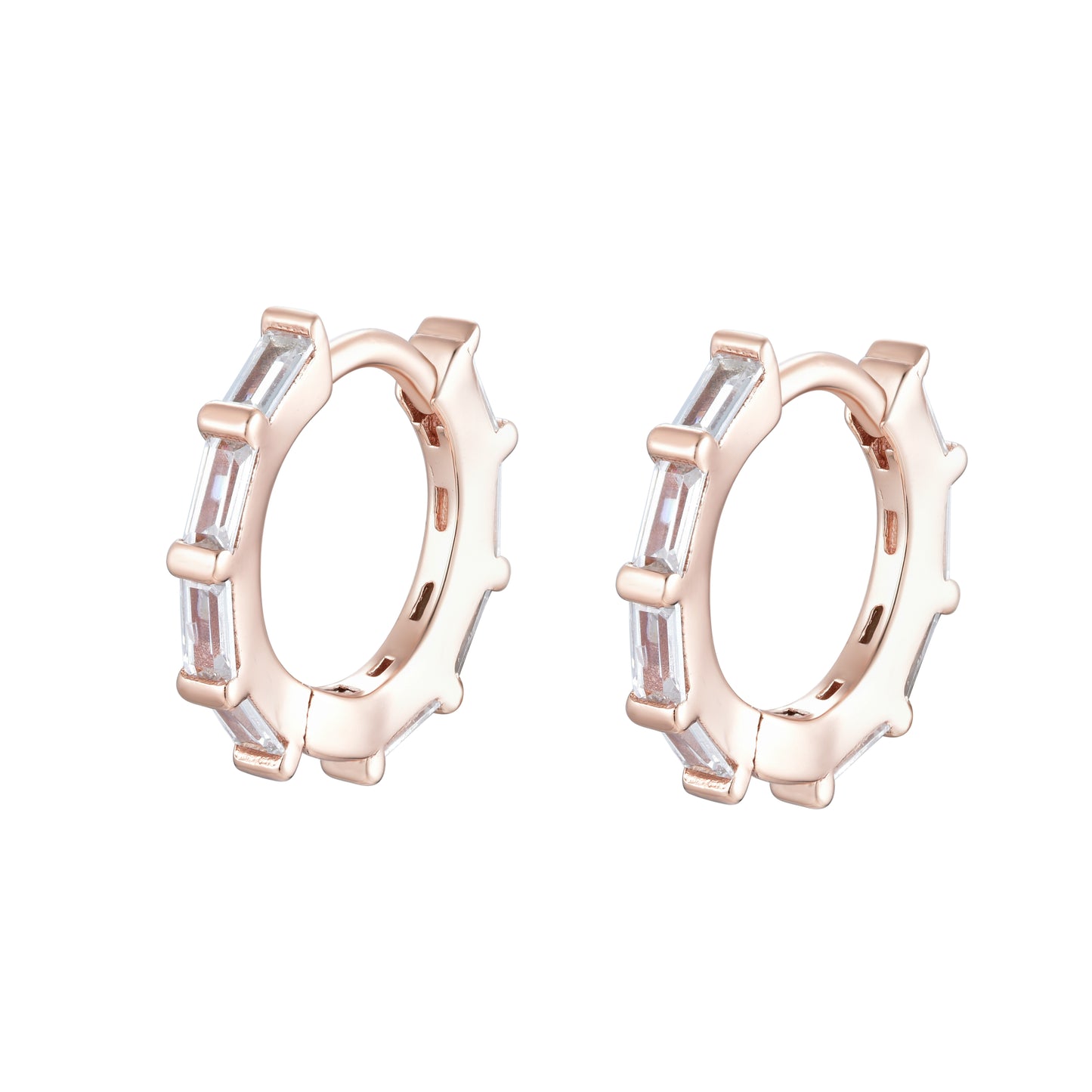 Rose gold plated small hoop earrings with baguette-shaped Cubic Zirconia