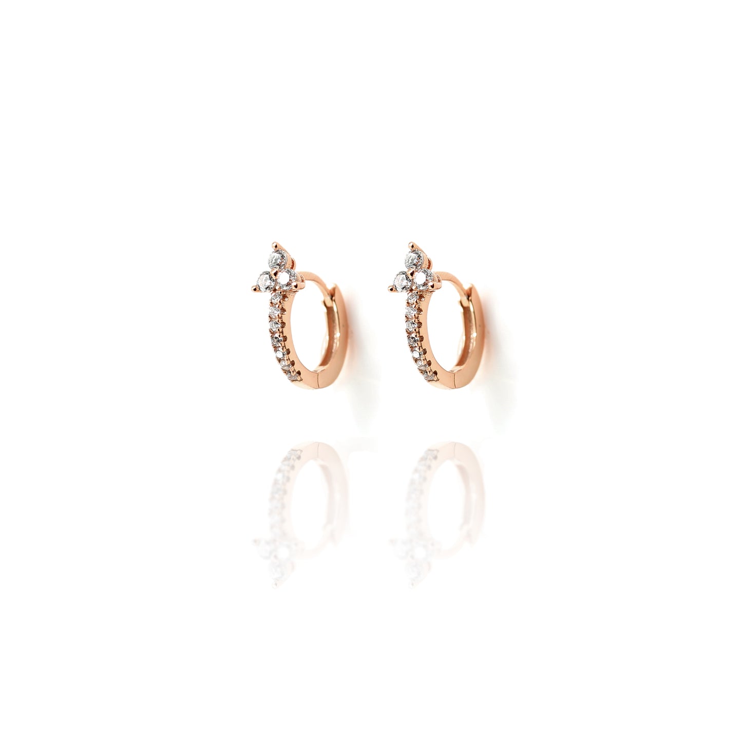Rose Gold Plated Silver Cubic Zirconia Huggie Earrings with Floral Design