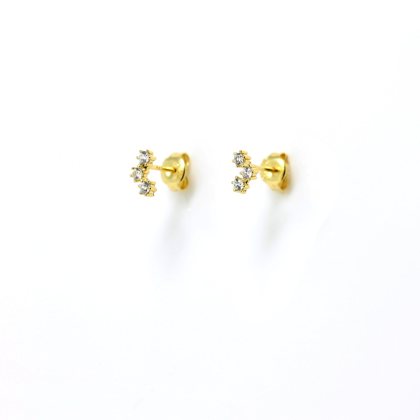 Gold plated silver stud earrings with two cubic zirconia stones each.