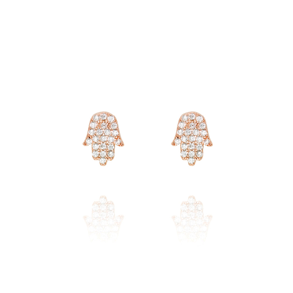 Rose Gold-Plated Silver Pavé Stud Earrings in Hamsa Hand Design