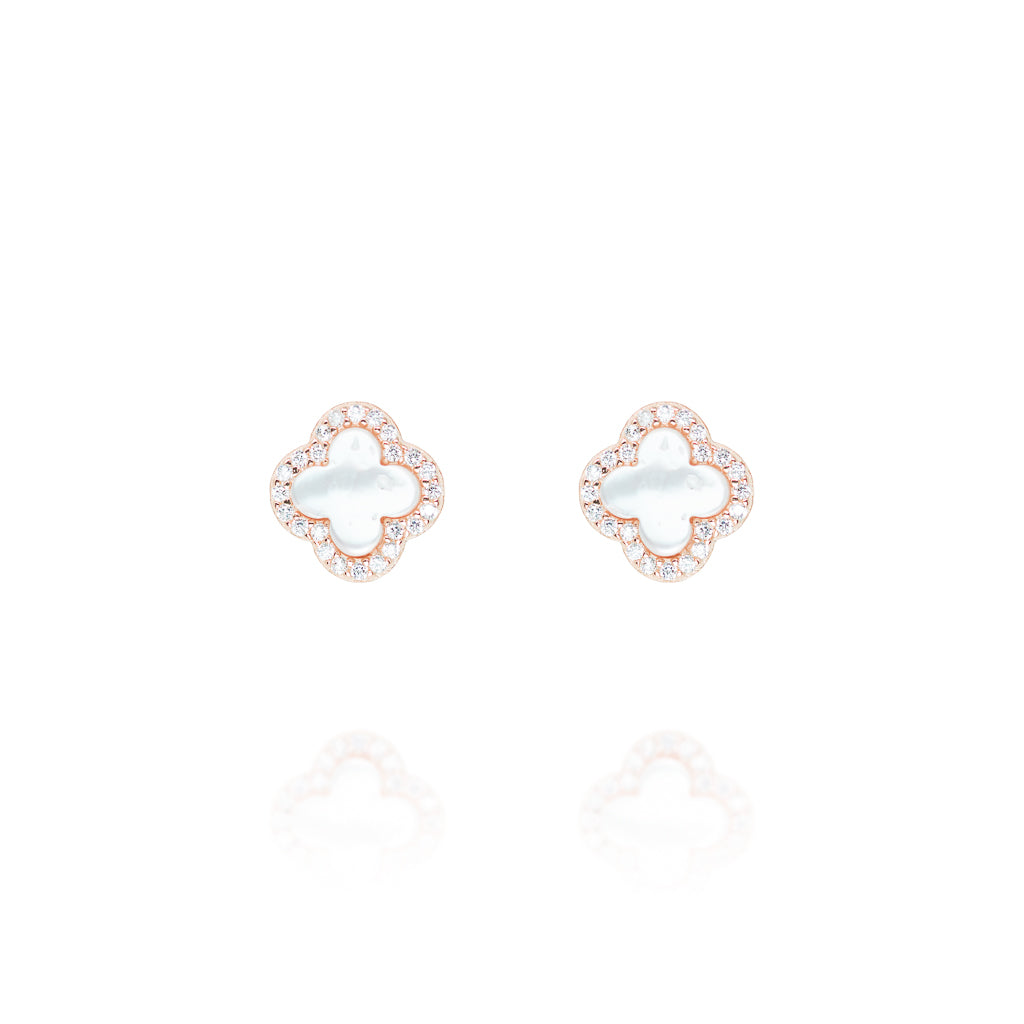 Rose gold plated silver clover mother of pearl earrings with 8 mm diameter.