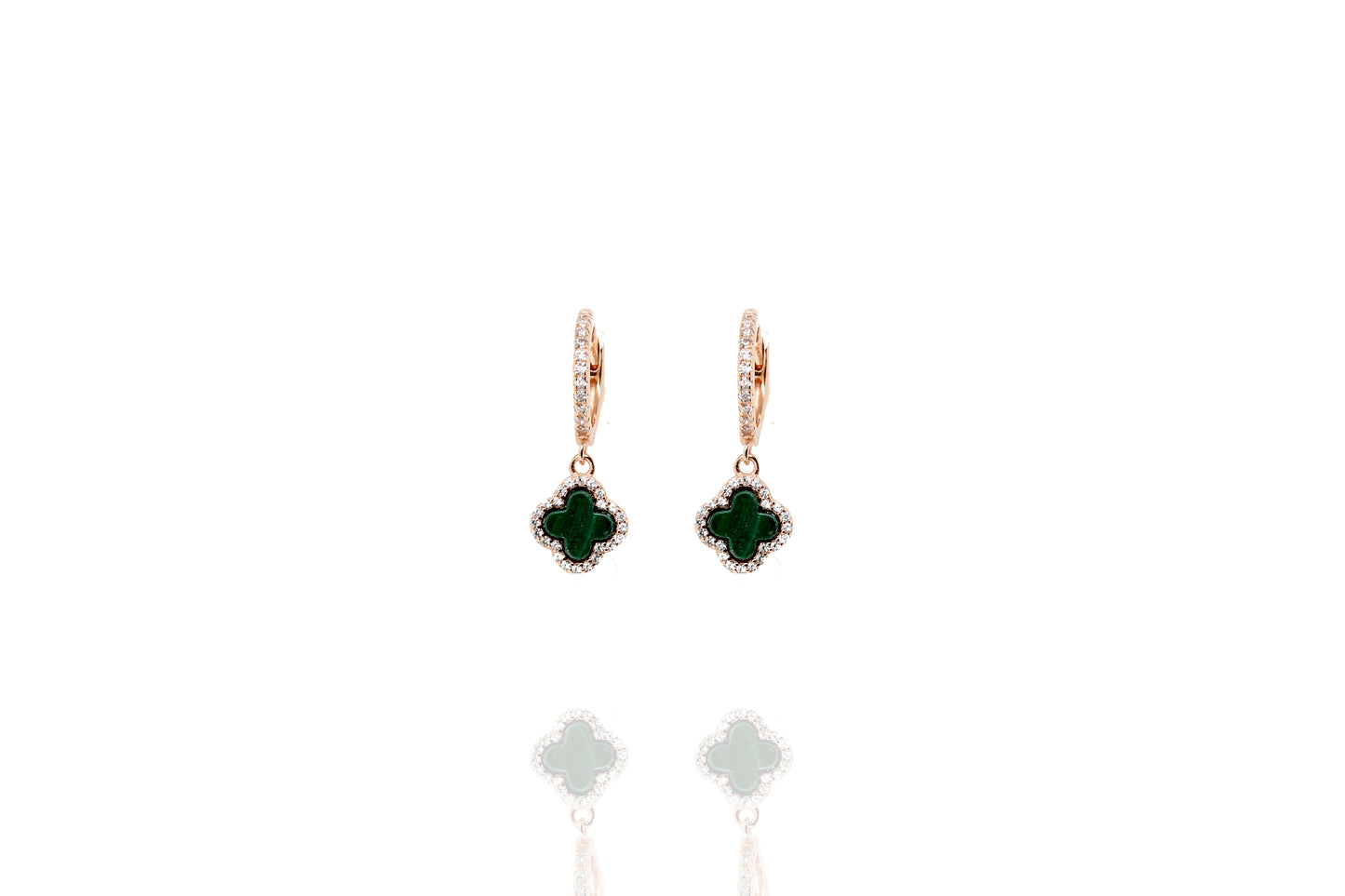 Rose gold plated hoop earrings with malachite drop and clover charm.
