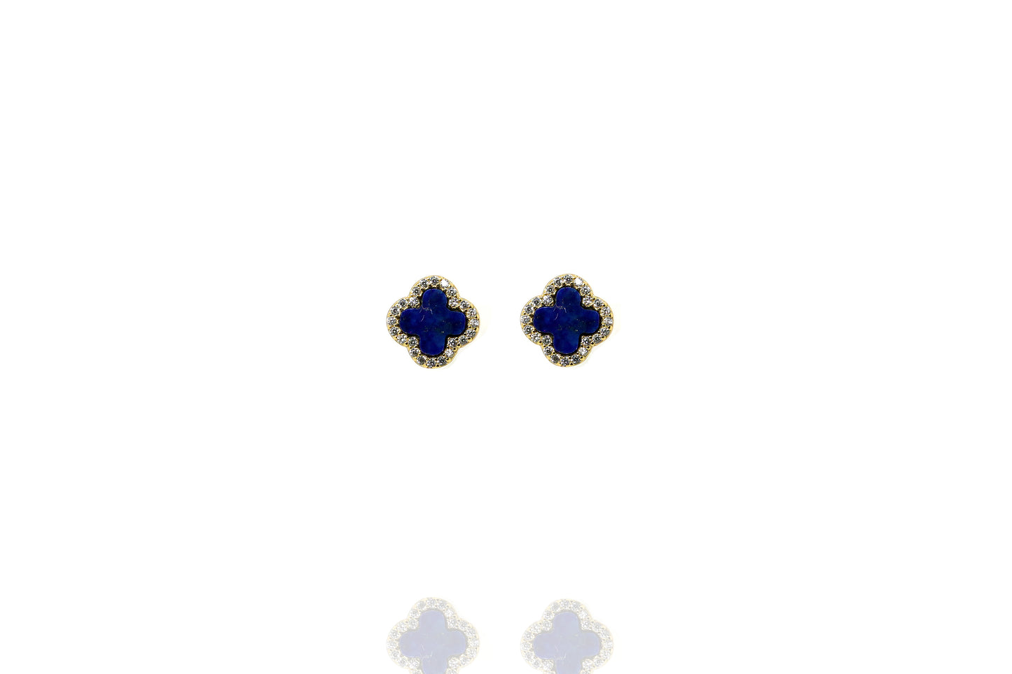 Gold plated silver clover earrings with lapis stud rimmed with cubic zirconia