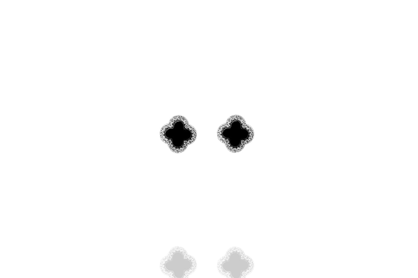 Sterling silver clover stud earrings with onyx and white CZ accents