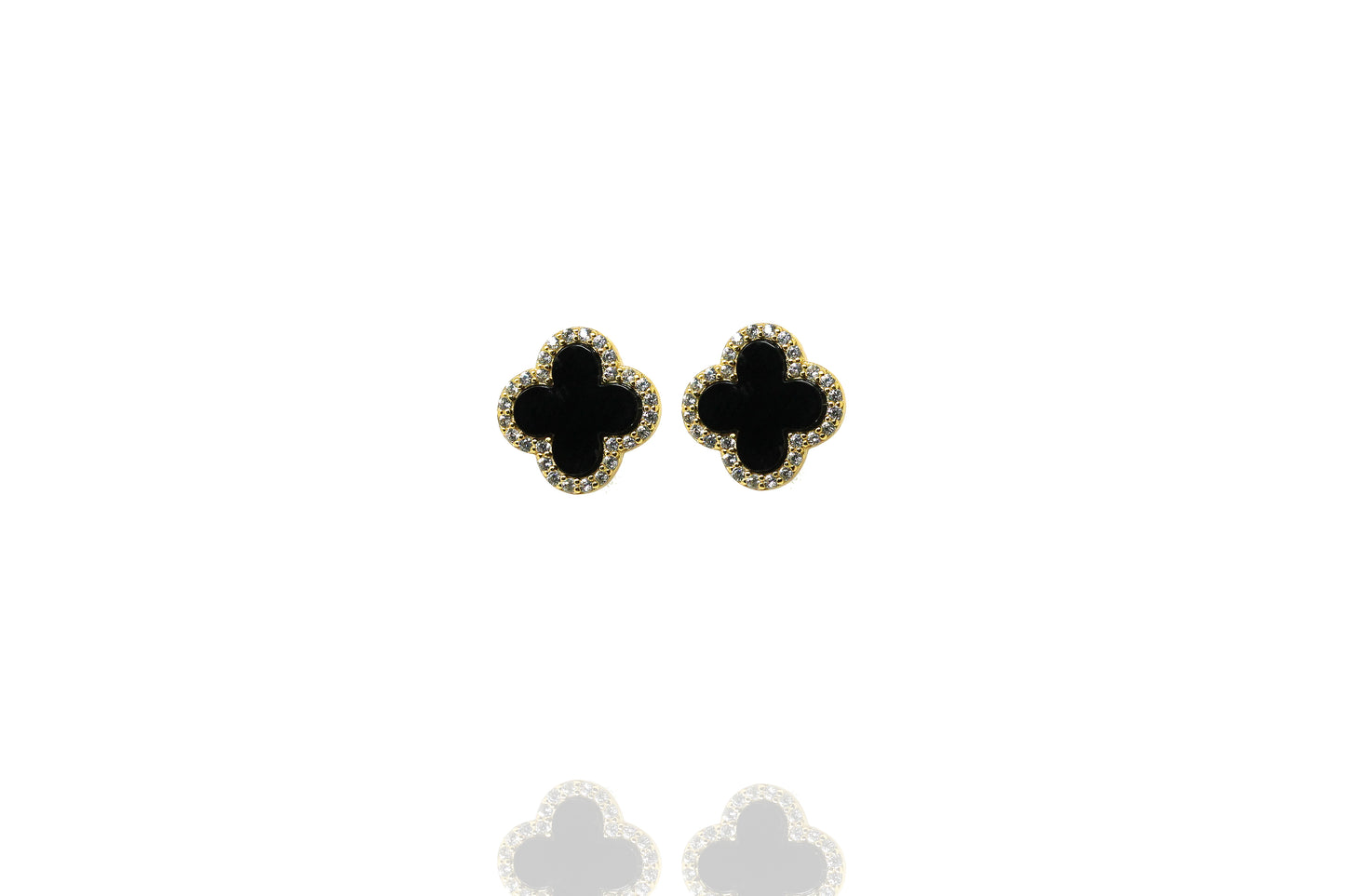 Sterling silver earrings with 12mm onyx stone rimmed with cubic zirconia in a quatrefoil shape.