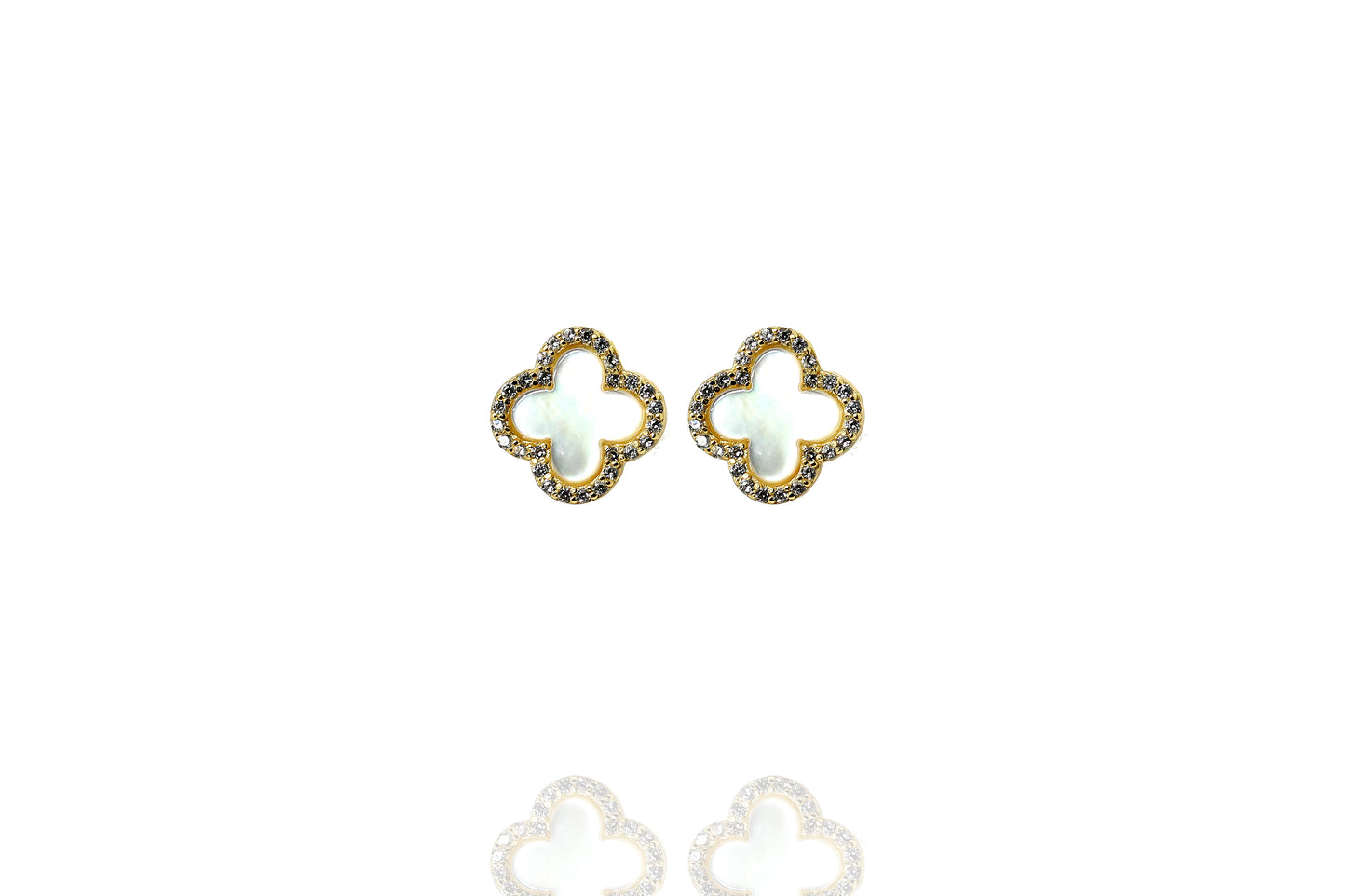 Gold-plated silver Mother of Pearl clover stud earrings with cubic zirconia rim.