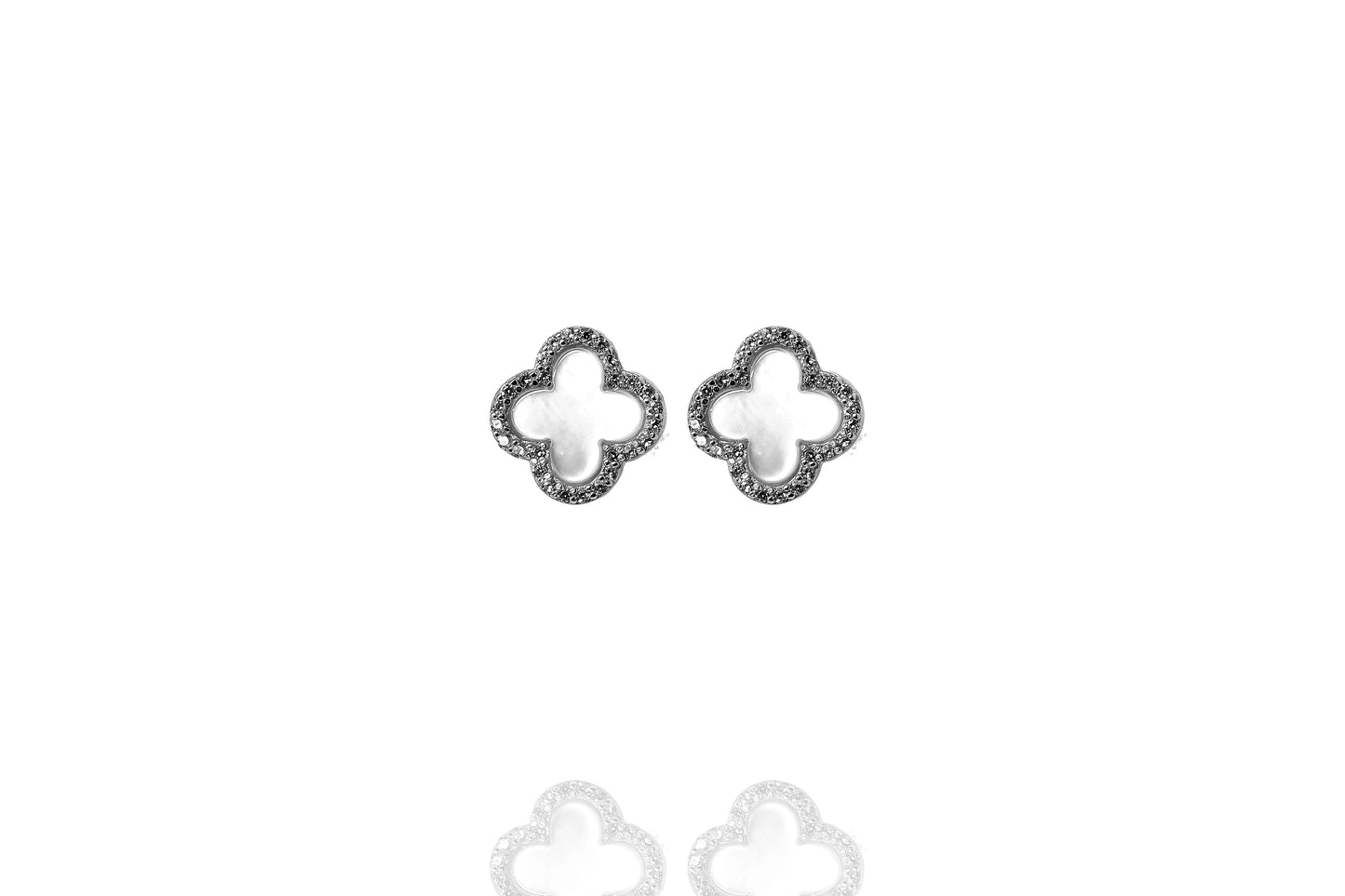 Pair of sterling silver clover stud earrings rimmed with cubic zirconia, 12mm diameter.