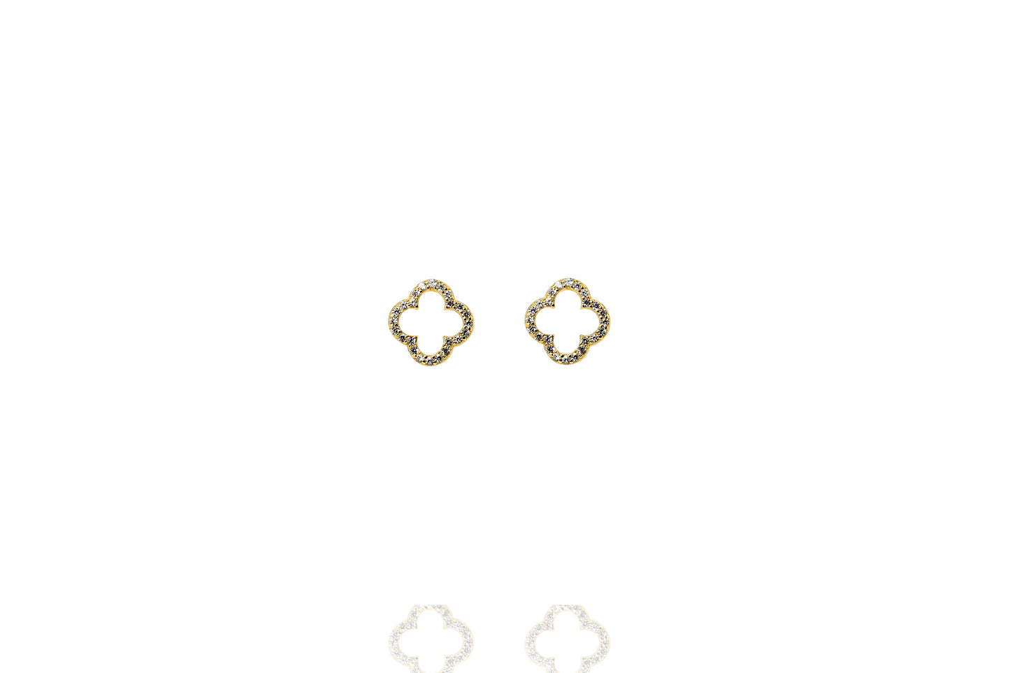 Gold plated on silver hollow clover earrings rimmed with cubic zirconia, diameter 8mm.