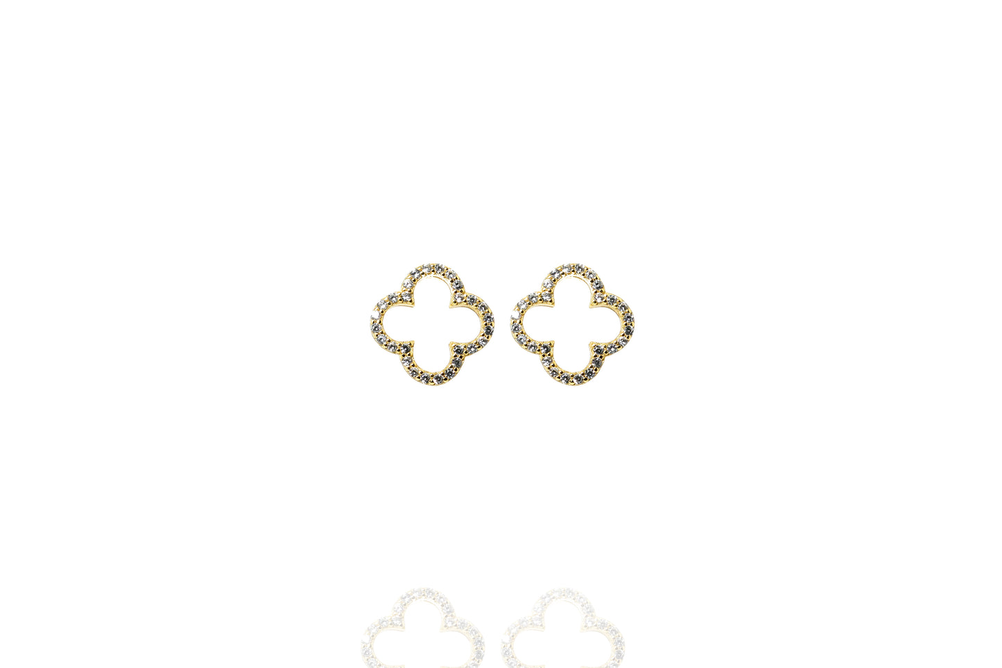 Gold plated clover stud earrings rimmed with cubic zirconia gemstones
