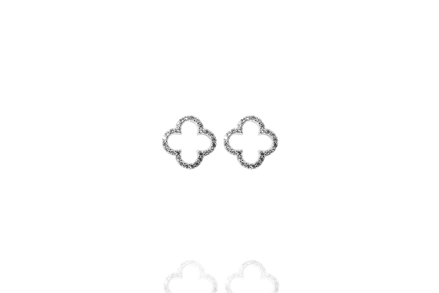 Sterling silver hollow clover stud earrings rimmed with CZ, 12mm diameter.