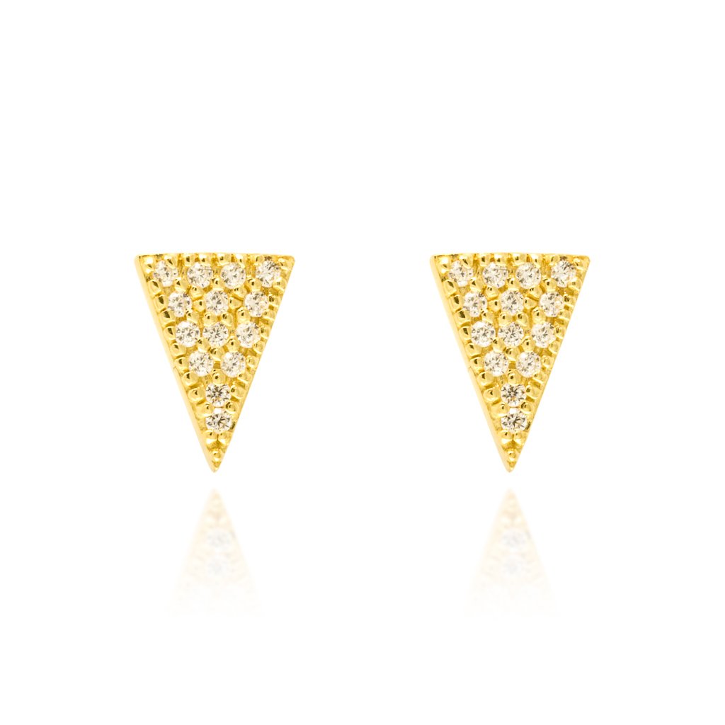 Gold Micron Plated on Silver Pave Triangular Stud Earrings with Cubic Zirconia.