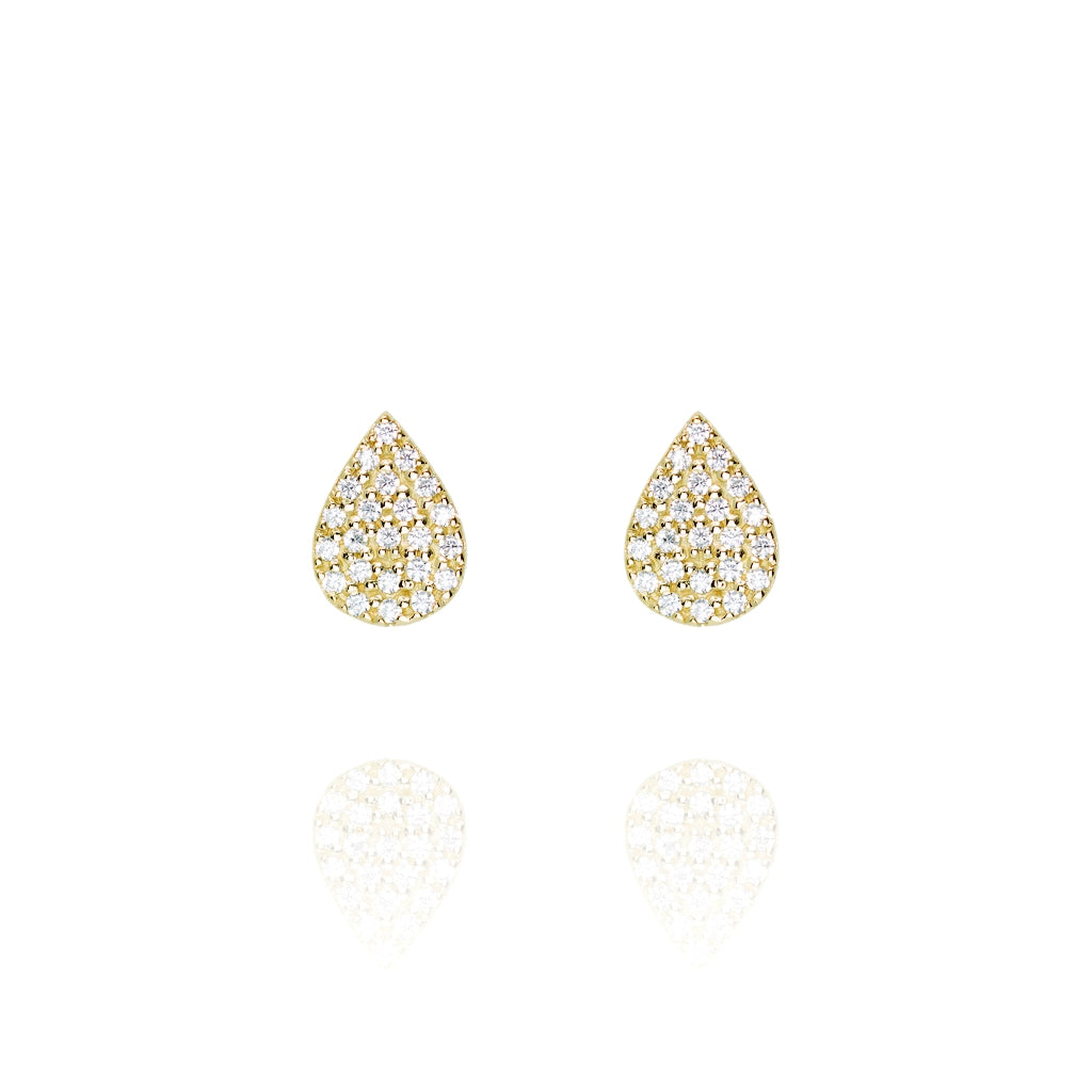 Gold plated on silver pave teardrop stud earrings reflecting elegantly .