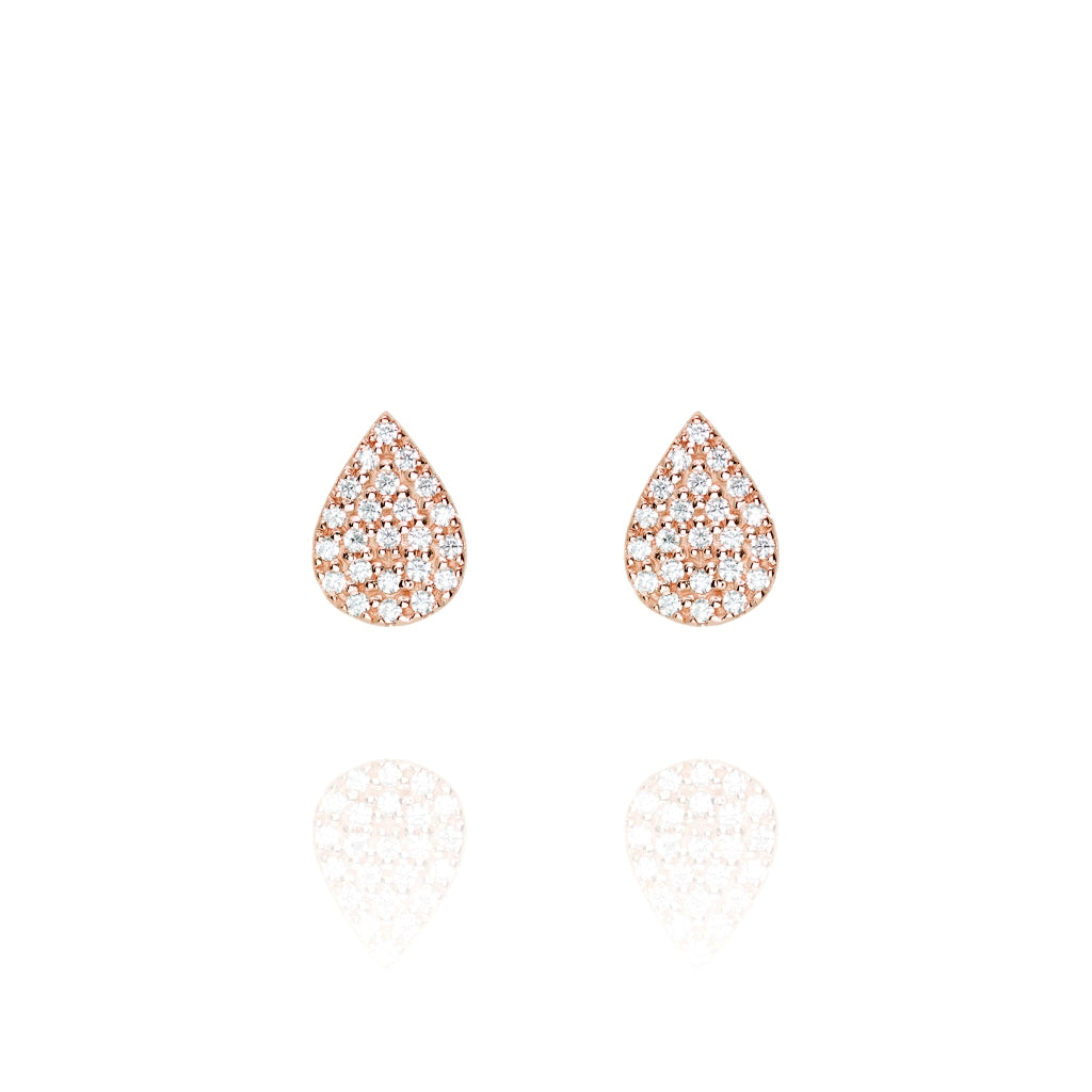 Rose gold plated teardrop pave stud earrings with cubic zirconia stones.