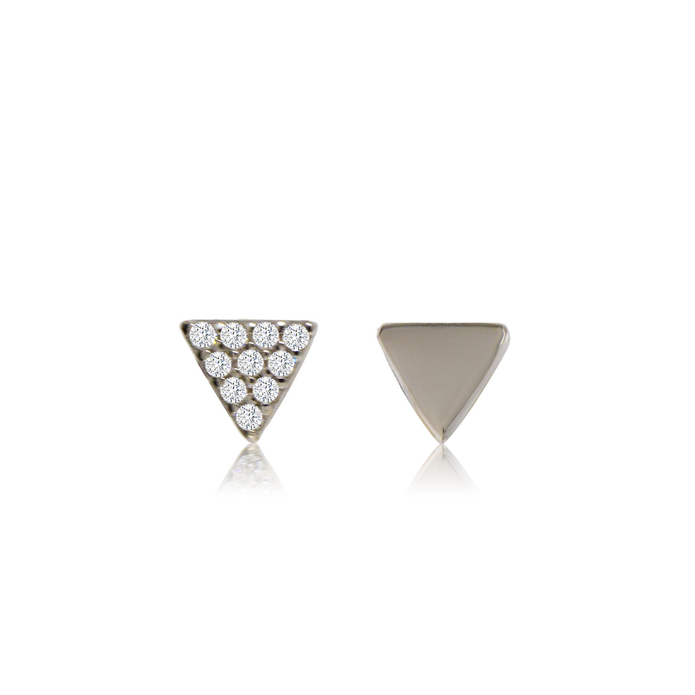 Sterling Silver Triangle Stud Earrings featuring one pave Cubic Zirconia earring and one plain earring.