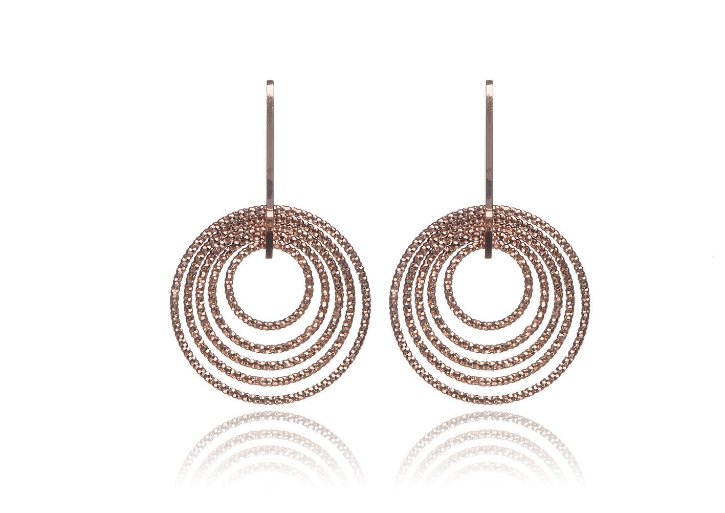 Five-tiered diamond-cut rose gold plated on silver single drop hoop earrings with hook back.