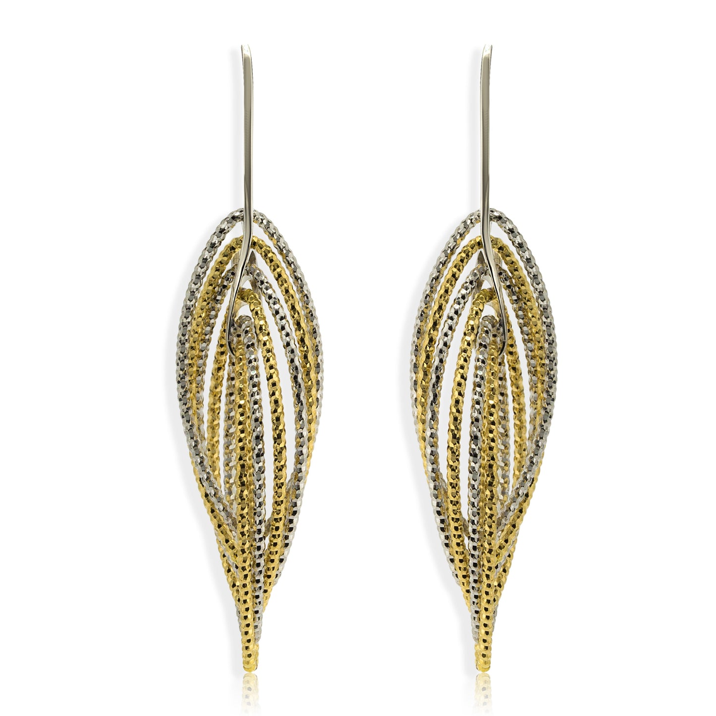 Diamond cut gold plated single drop hoop earrings with five hoops, largest hoop 2 cm in diameter, made in Italy.