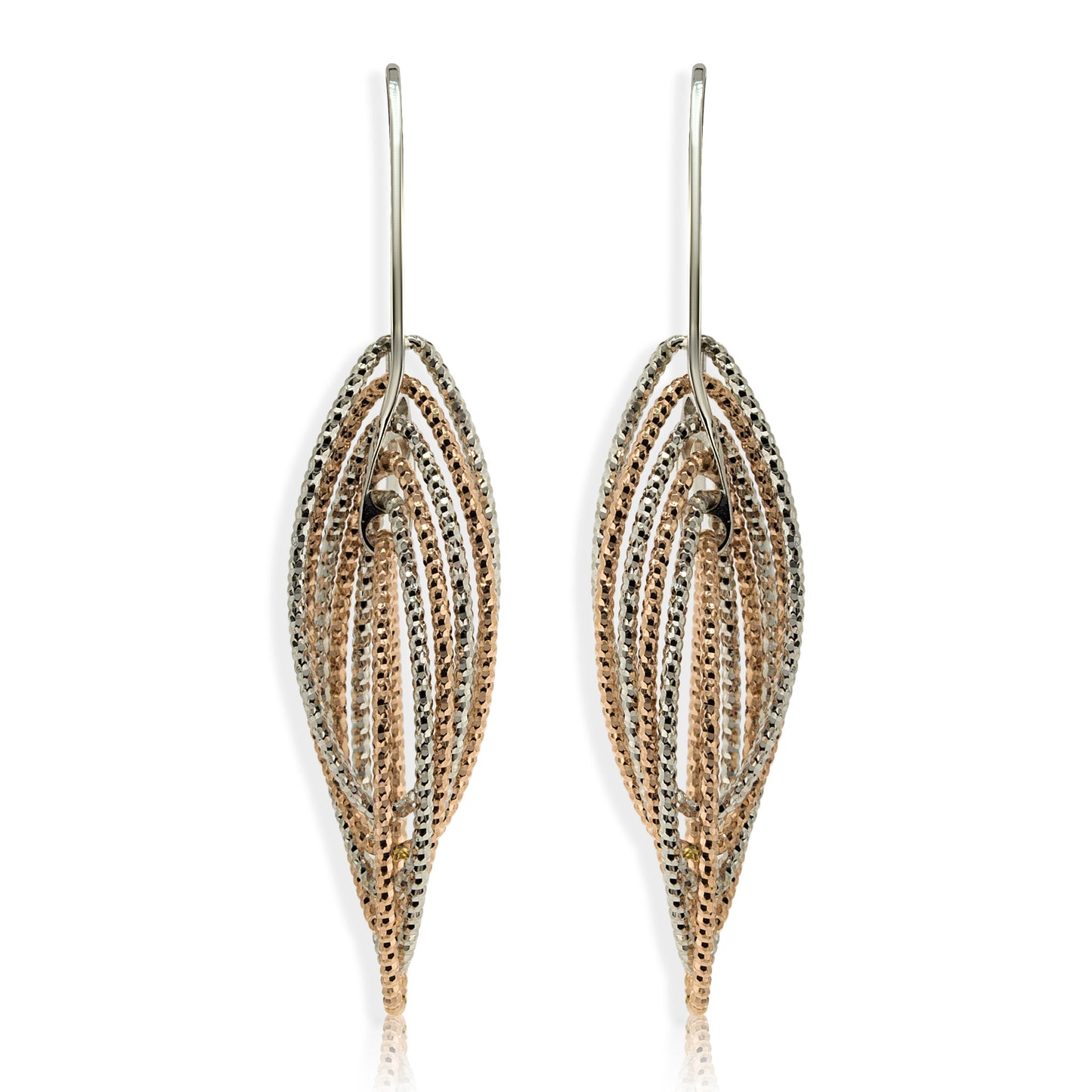 Diamond cut gold plated single drop hoop earrings with five hoops, largest hoop 2 cm in diameter, made in Italy.