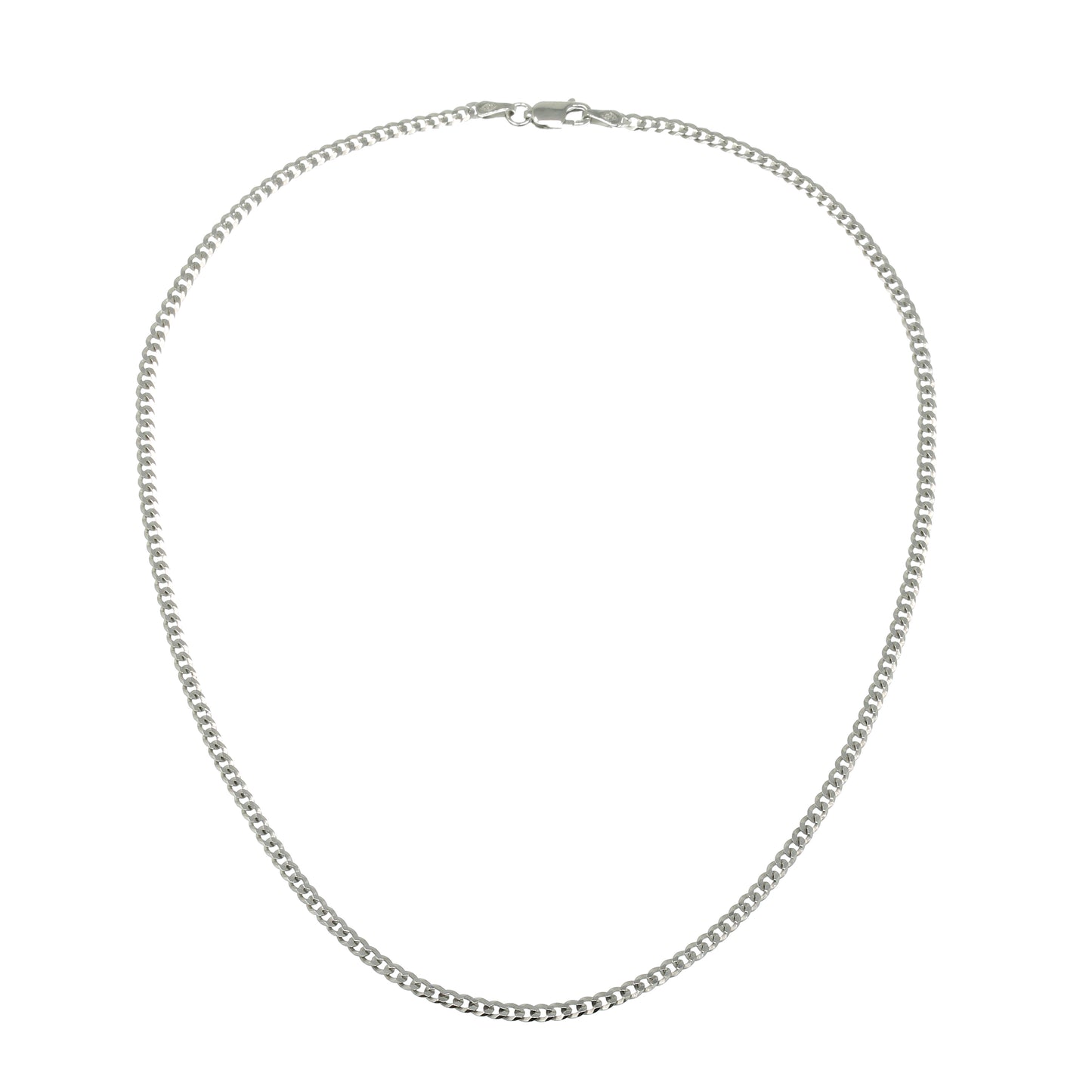 Sterling silver chain necklace with polished finish, 40 cm in length and 0.3 cm in width.