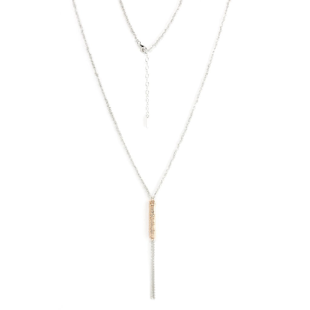 Sterling silver long knitted chain necklace with rose gold bound chain tassel