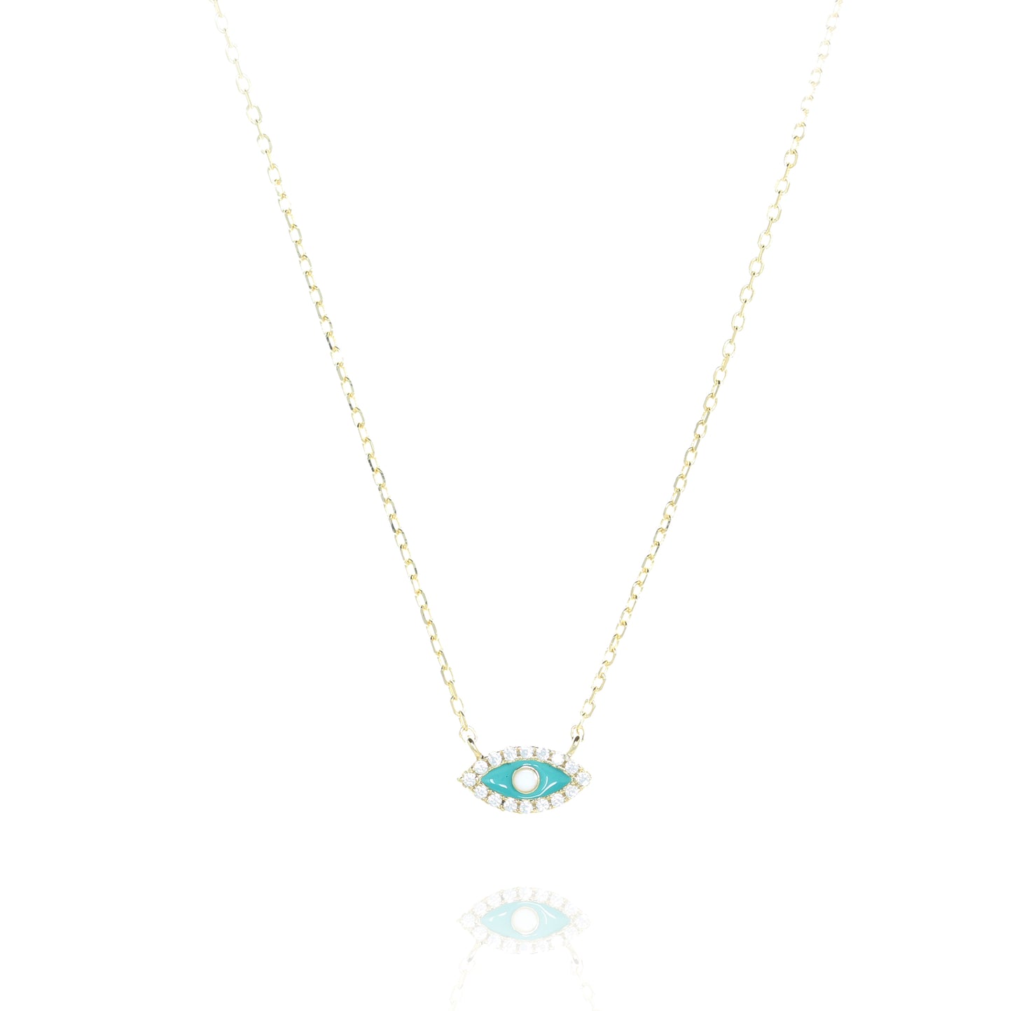 Gold plated on silver turquoise evil eye pendant necklace rimmed with cubic zirconia.