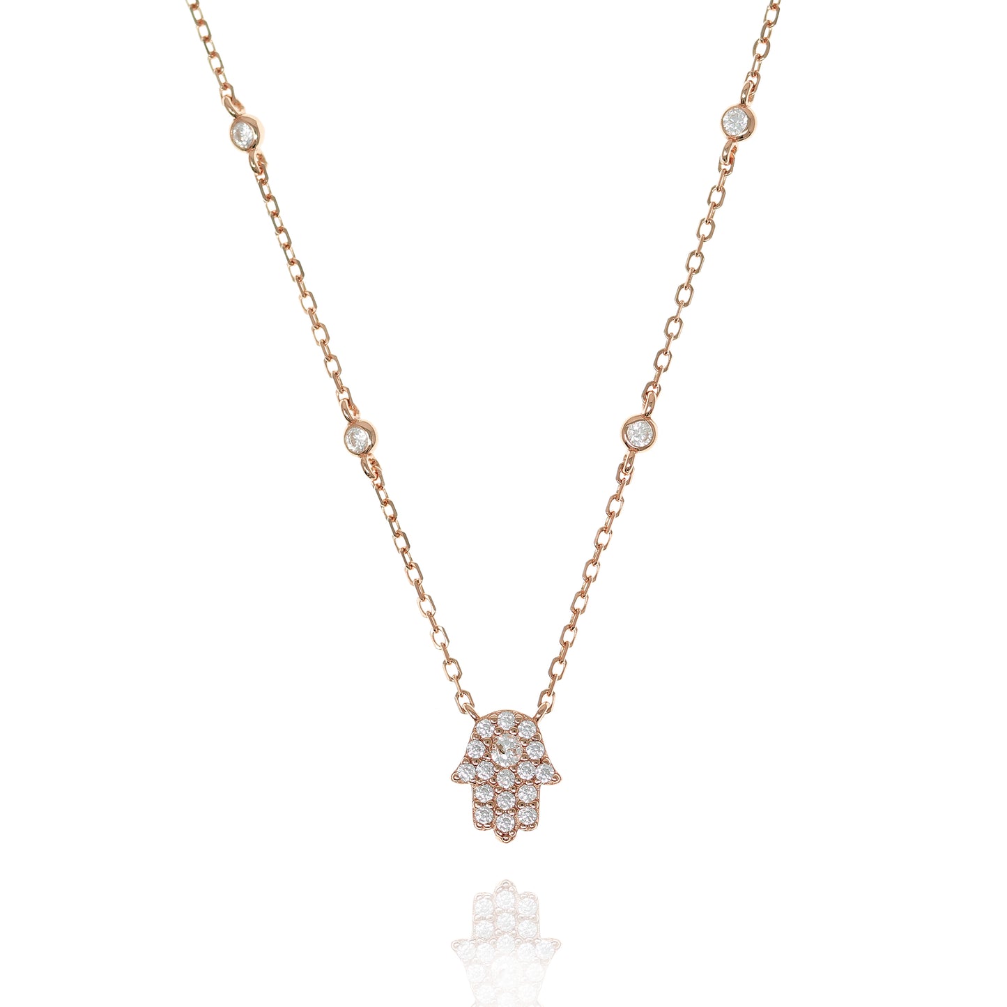 Rose gold plated silver necklace with pave Hamsa hand and cubic zirconia stones on the chain