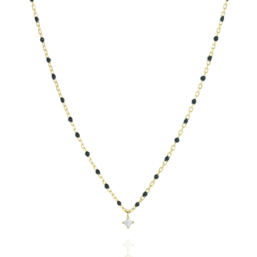 Gold Plated Silver Chain Necklace with Black Beads and Central Cubic Zirconia