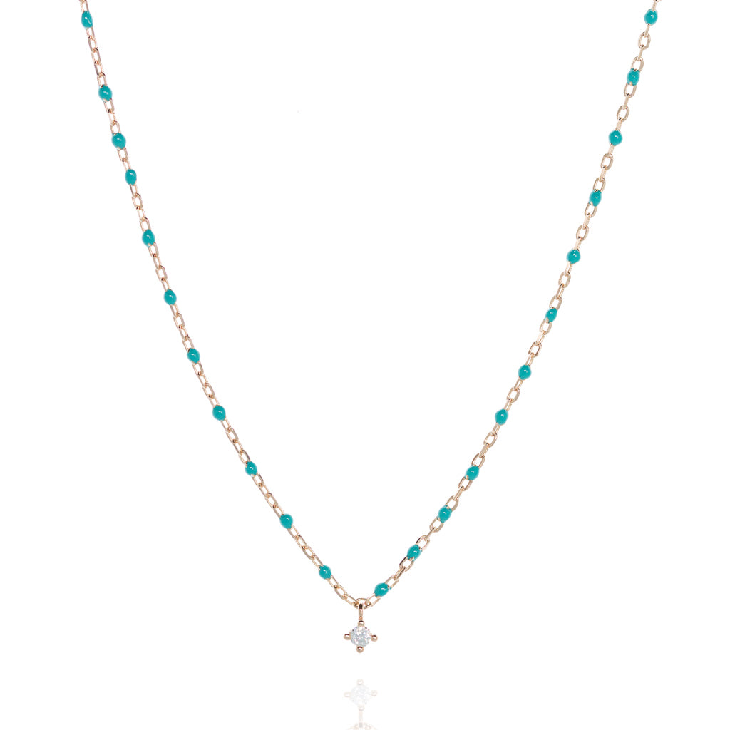 Rose Gold Plated Chain and Bead Necklace with Turquoise Beads and Small Cubic Zirconia Centrepiece