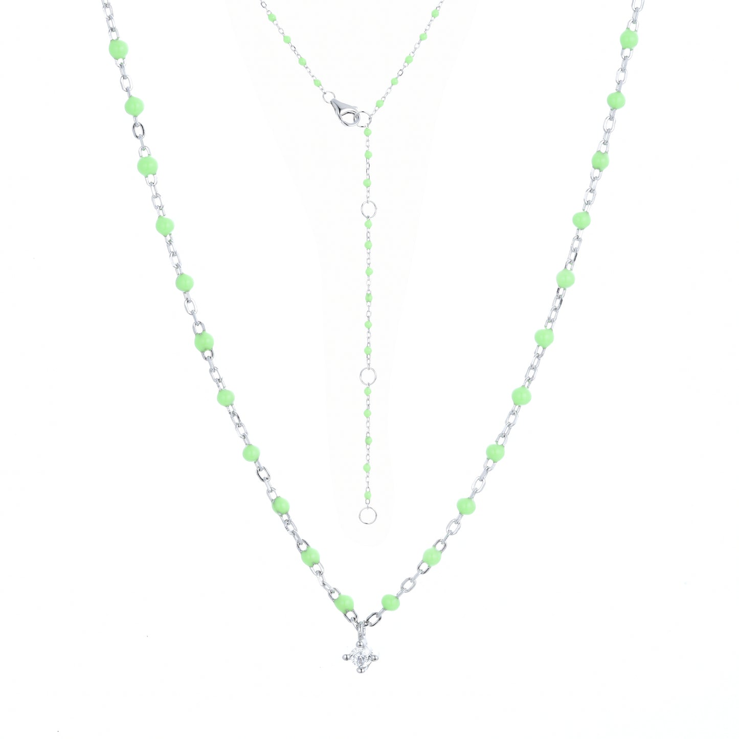 Sterling silver chain with apple green beads and hanging cubic zirconia necklace