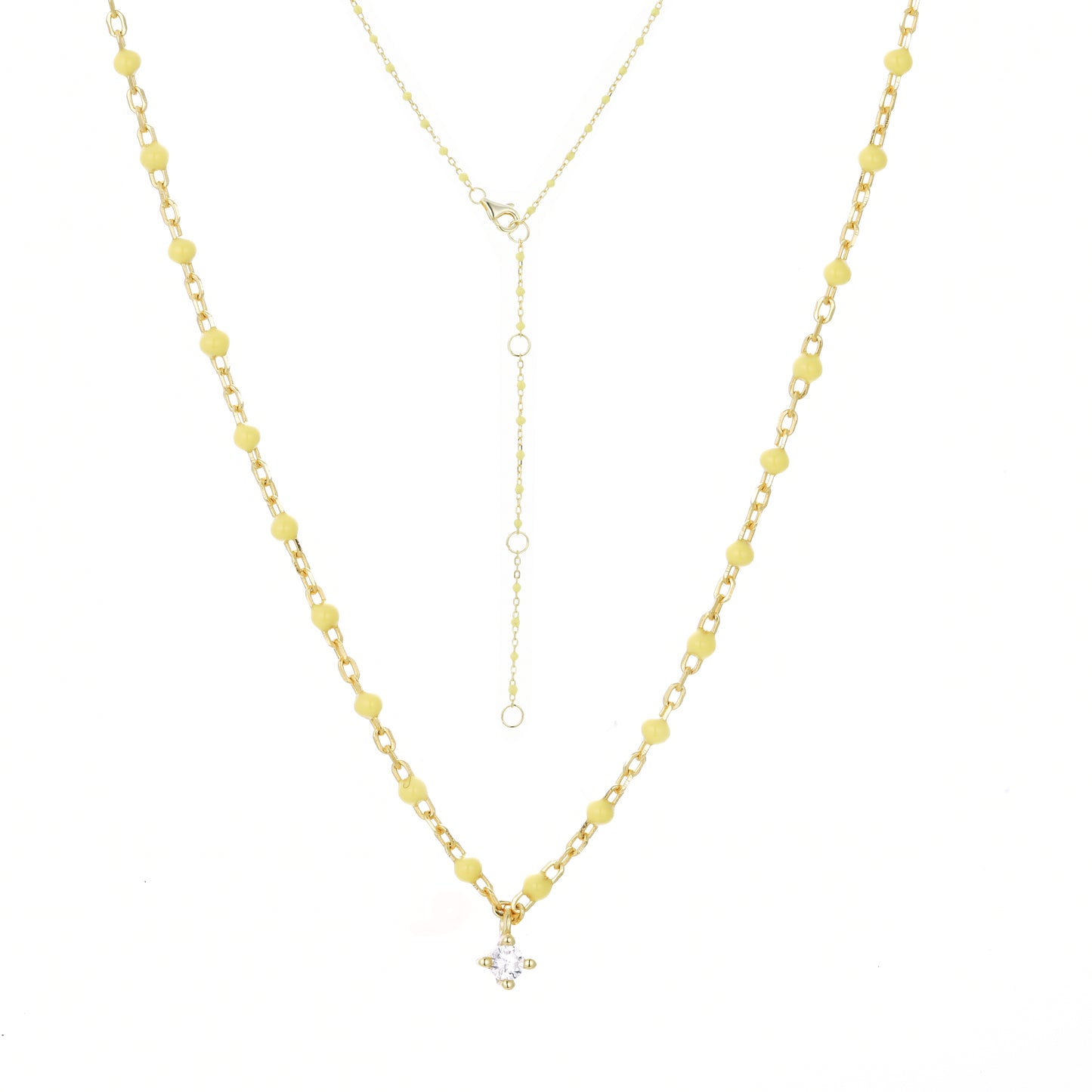 Sterling silver chain with yellow beads and hanging cubic zirconia pendant, 45 cm