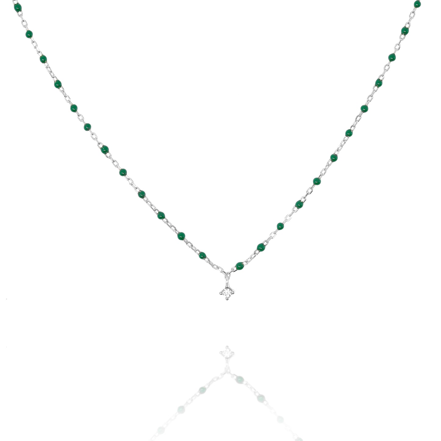 Short Sterling silver chain and bead necklace with green beads and a central Cubic Zirconia, 45cm length including extensions.